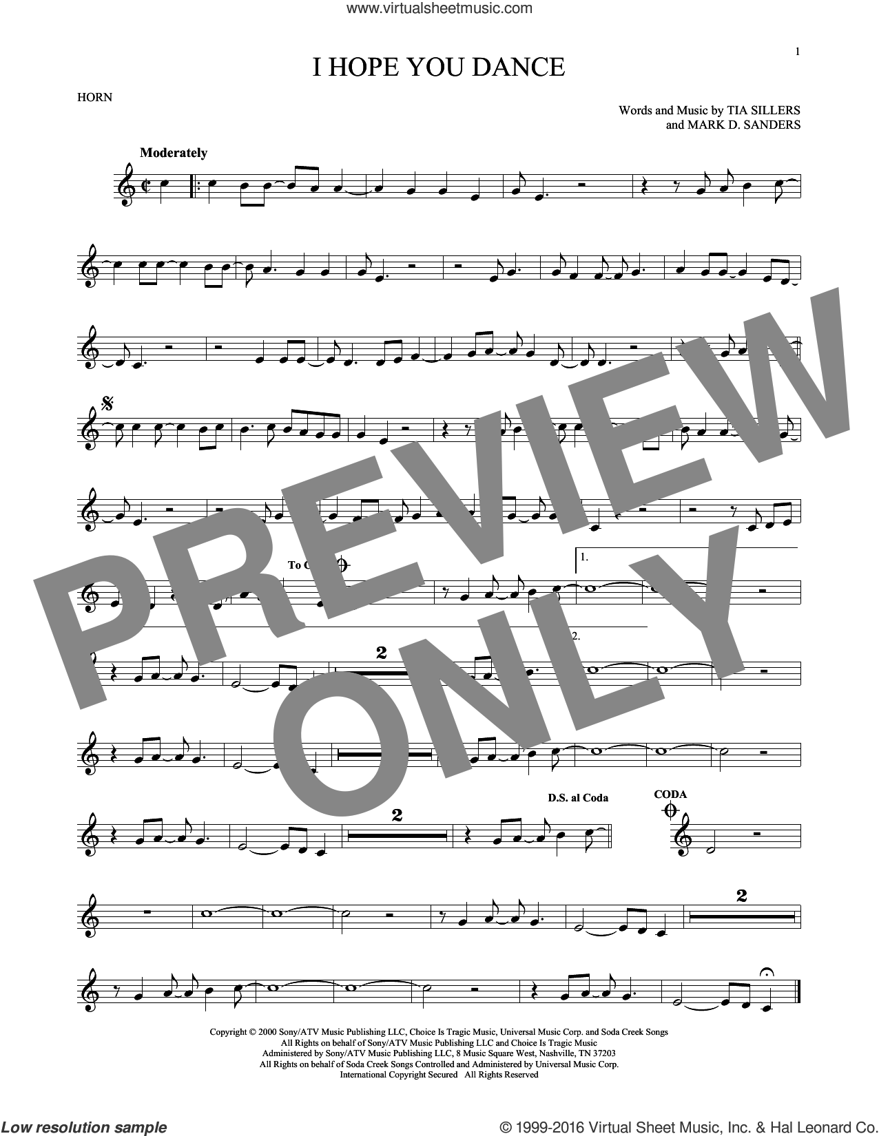 I Hope You Dance sheet music for horn solo (PDF-interactive)