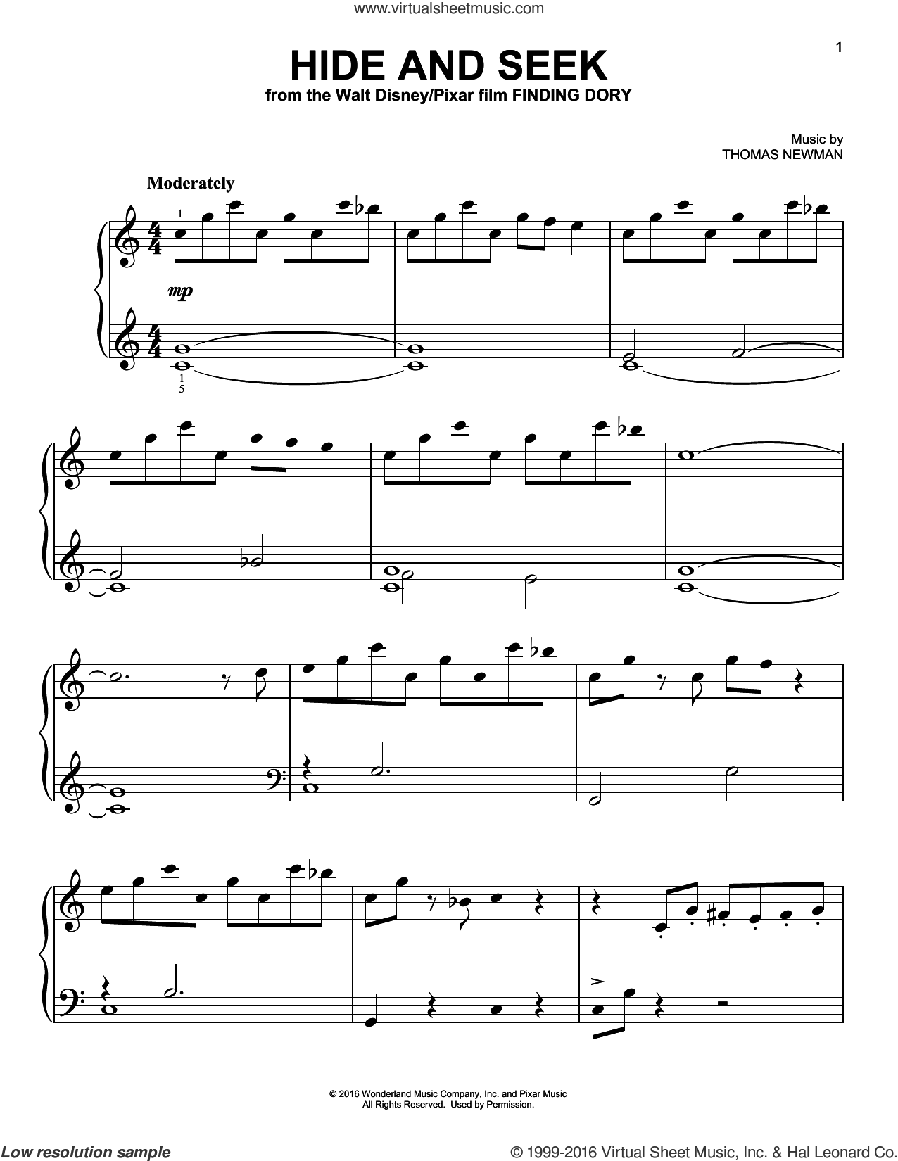 Hide And Seek (from Finding Dory) sheet music for piano solo