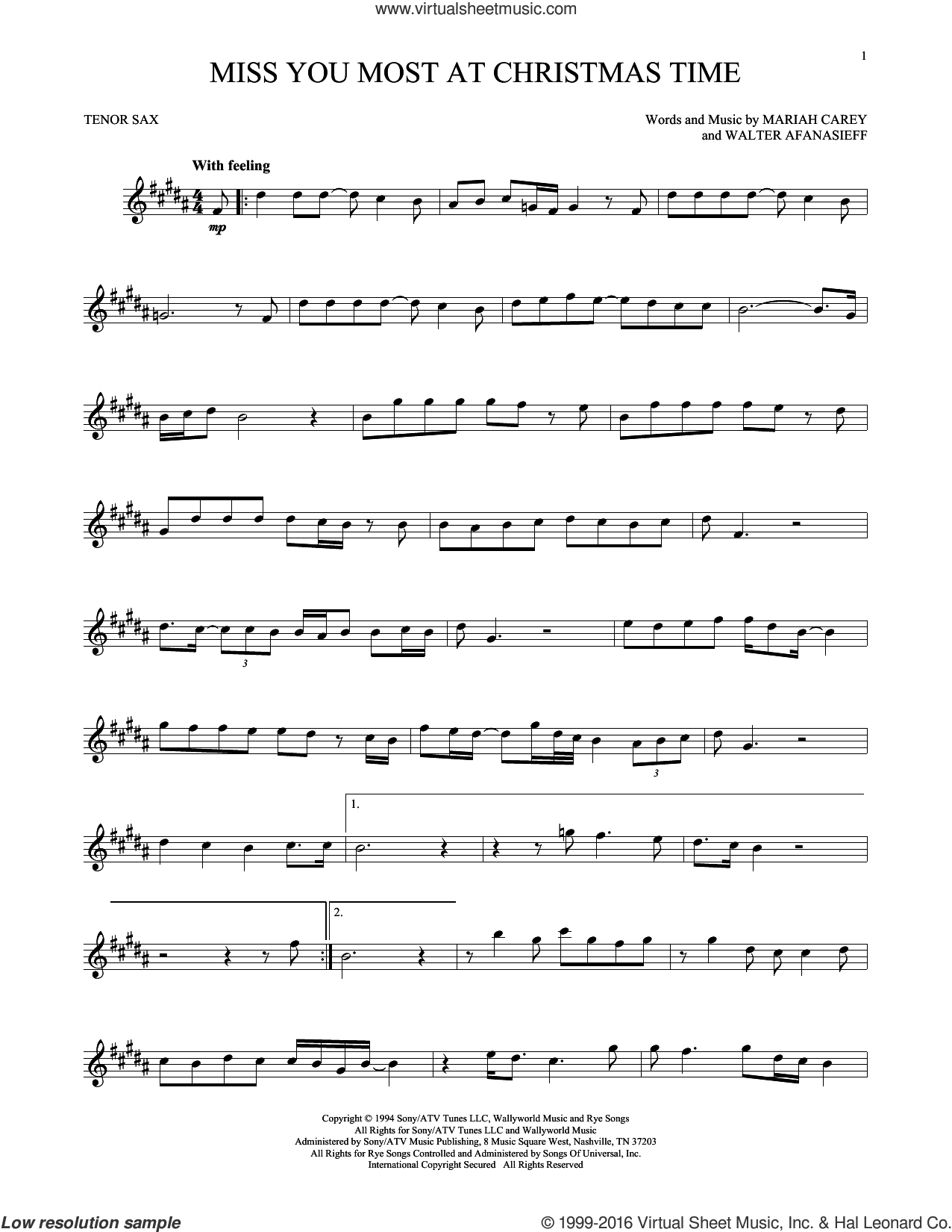 Carey - Miss You Most At Christmas Time sheet music for tenor saxophone solo