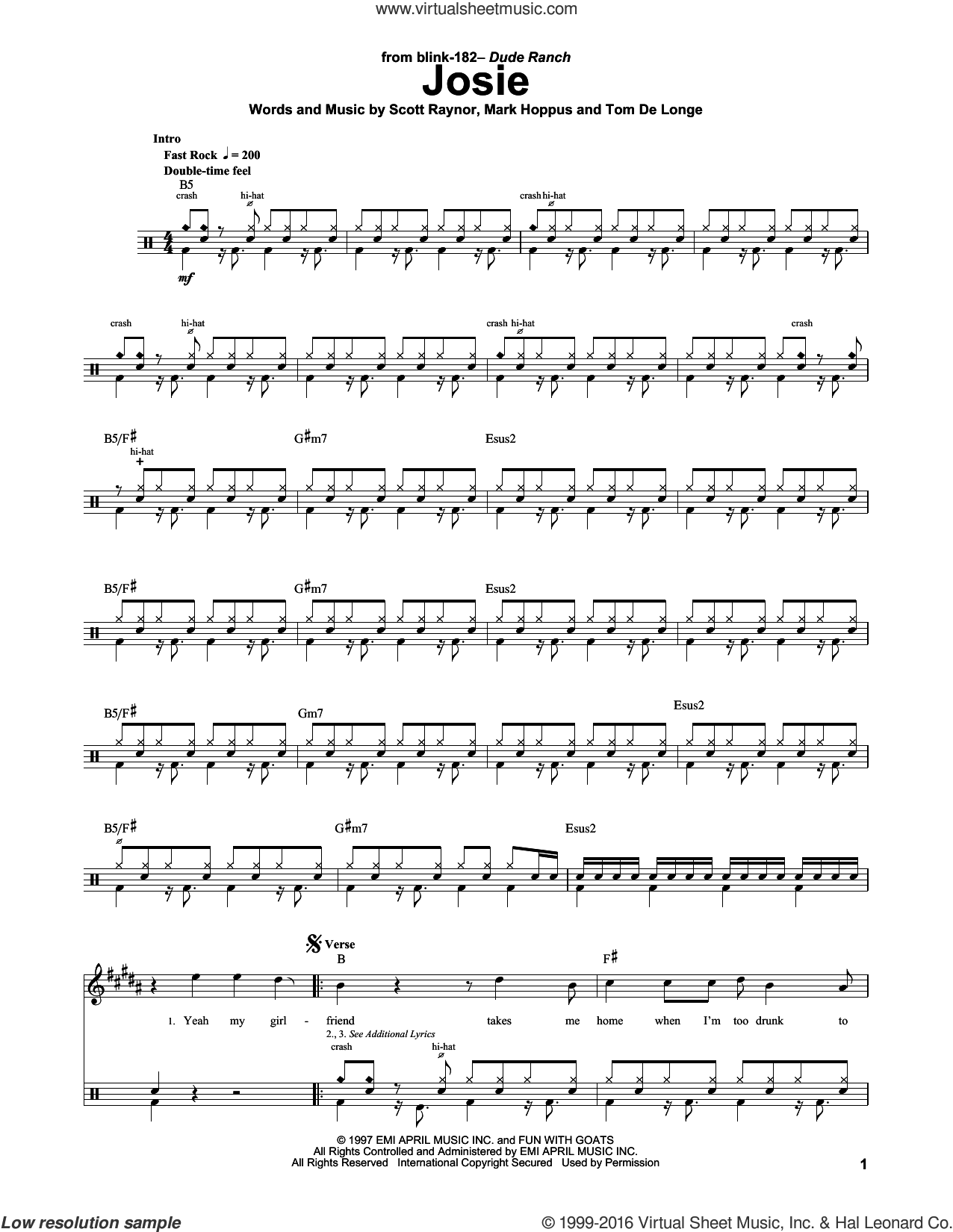 Blink 182: Josie sheet music for drums (PDF)