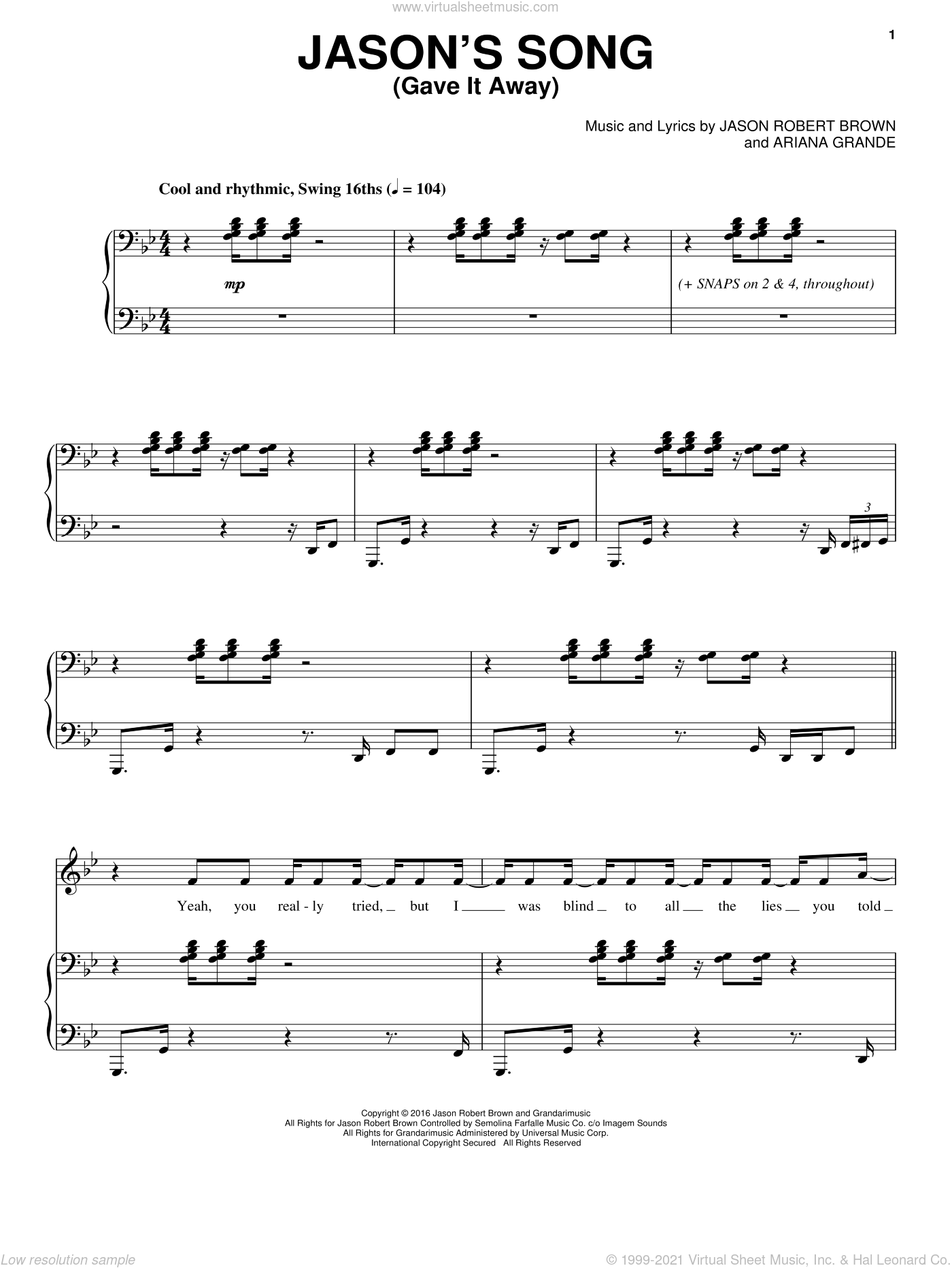 Grande Jason S Song Gave It Away Sheet Music For Voice And Piano