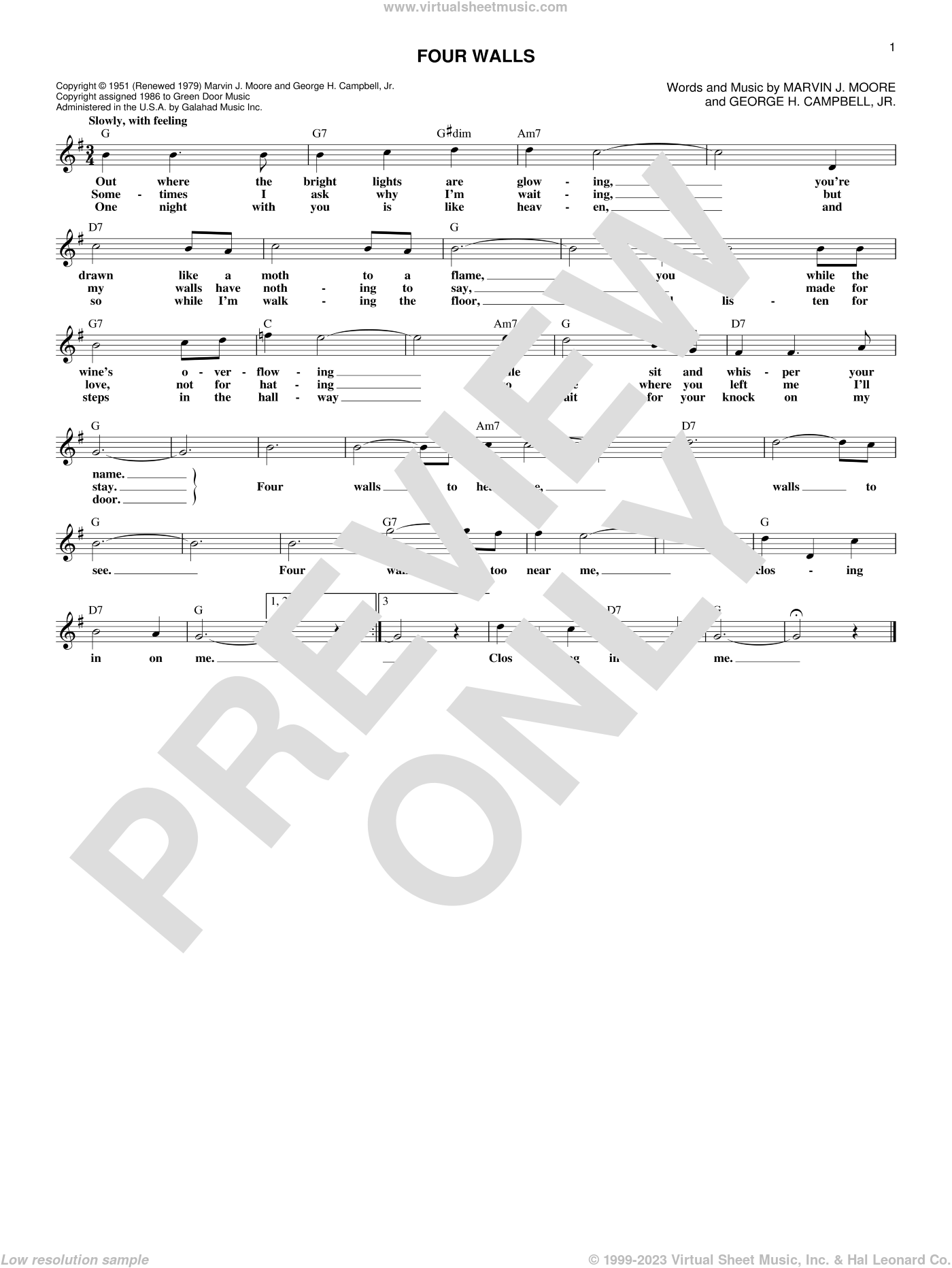 Four Walls sheet music (fake book) (PDFinteractive)