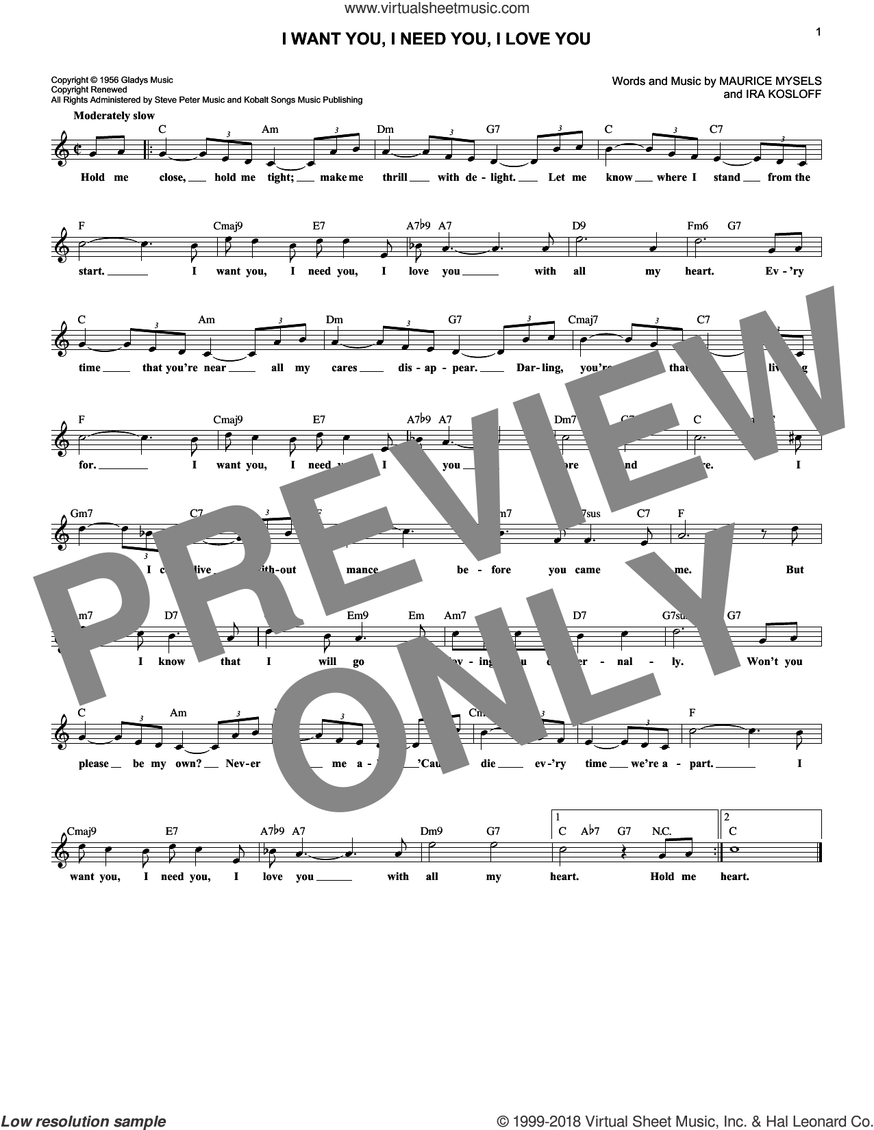 Presley I Want You I Need You I Love You Sheet Music Fake Book