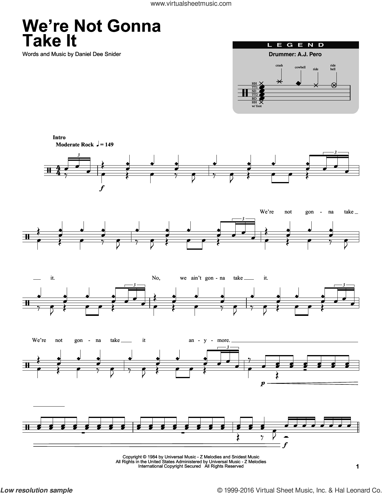 Sister We Re Not Gonna Take It Sheet Music For Drums Pdf
