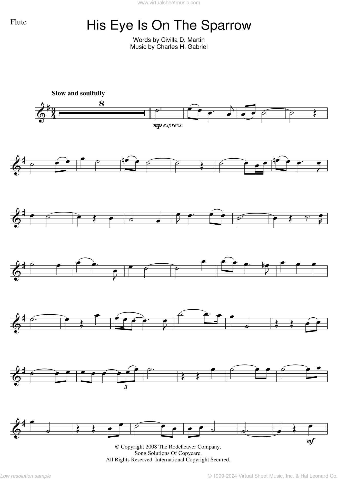 His Eye Is On The Sparrow sheet music for flute solo (PDF)