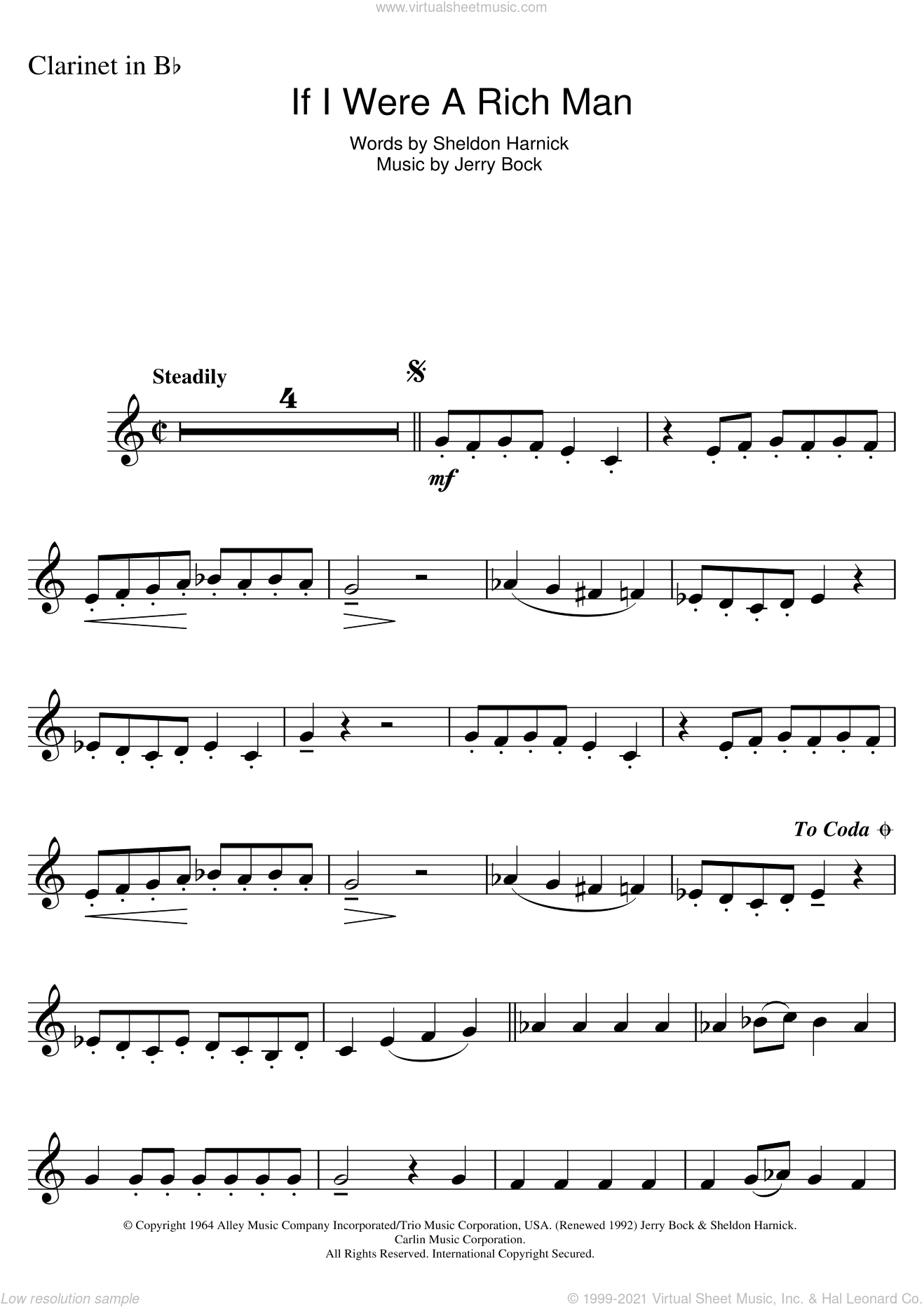 Harnick If I Were A Rich Man From Fiddler On The Roof Sheet Music For Clarinet Solo