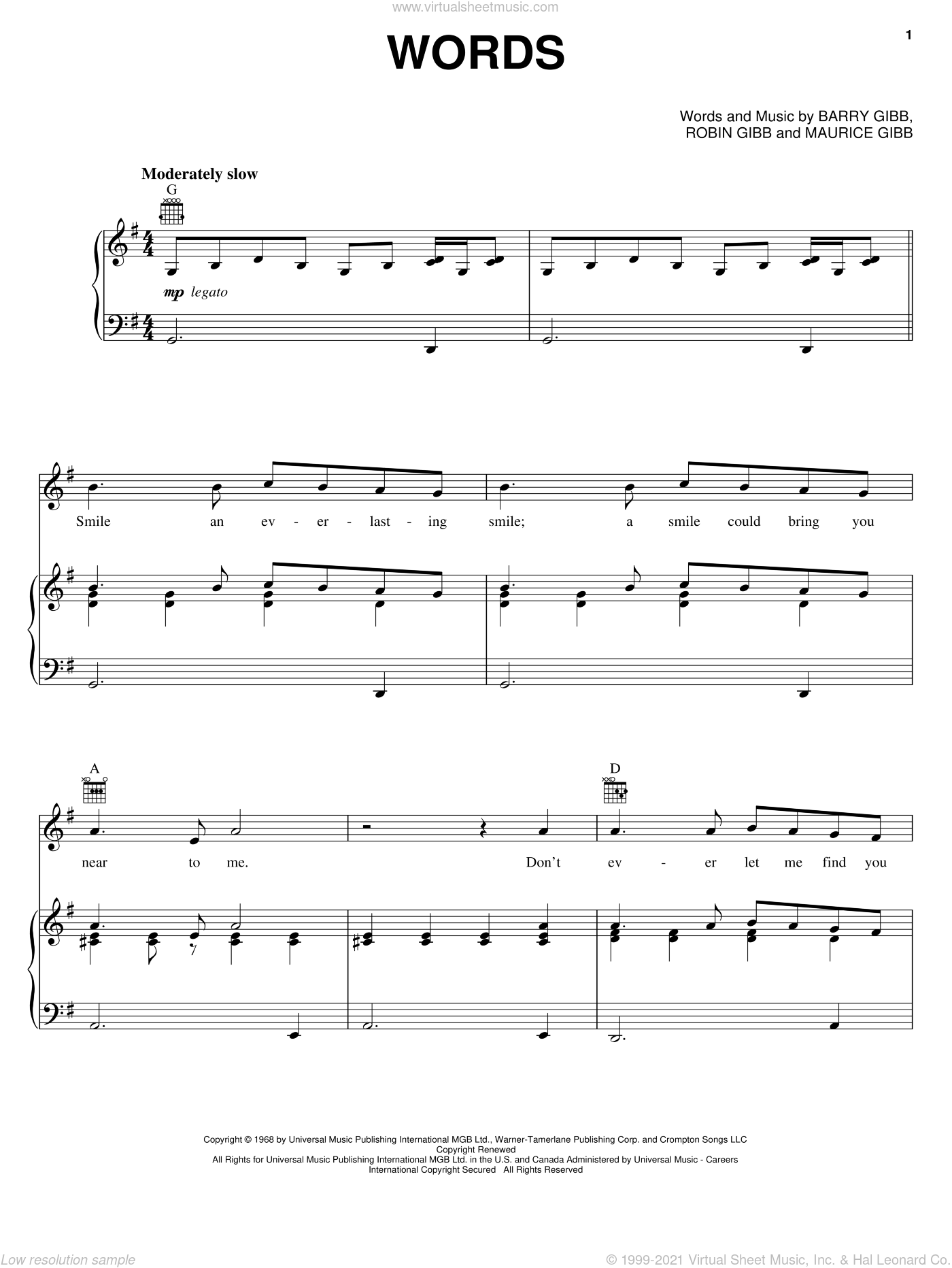 Bee Gees: Words sheet music for voice, piano or guitar (PDF)