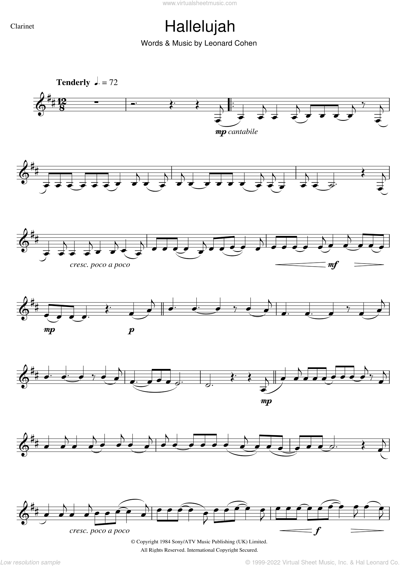 Cohen - Hallelujah sheet music for clarinet solo v2