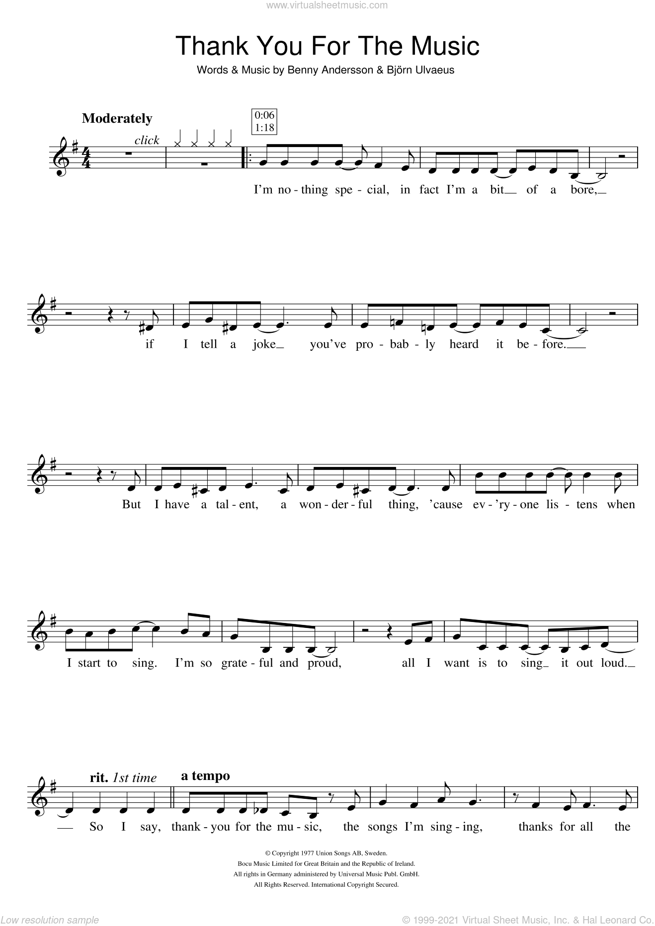 Abba Thank You For The Music Sheet Music For Clarinet Solo