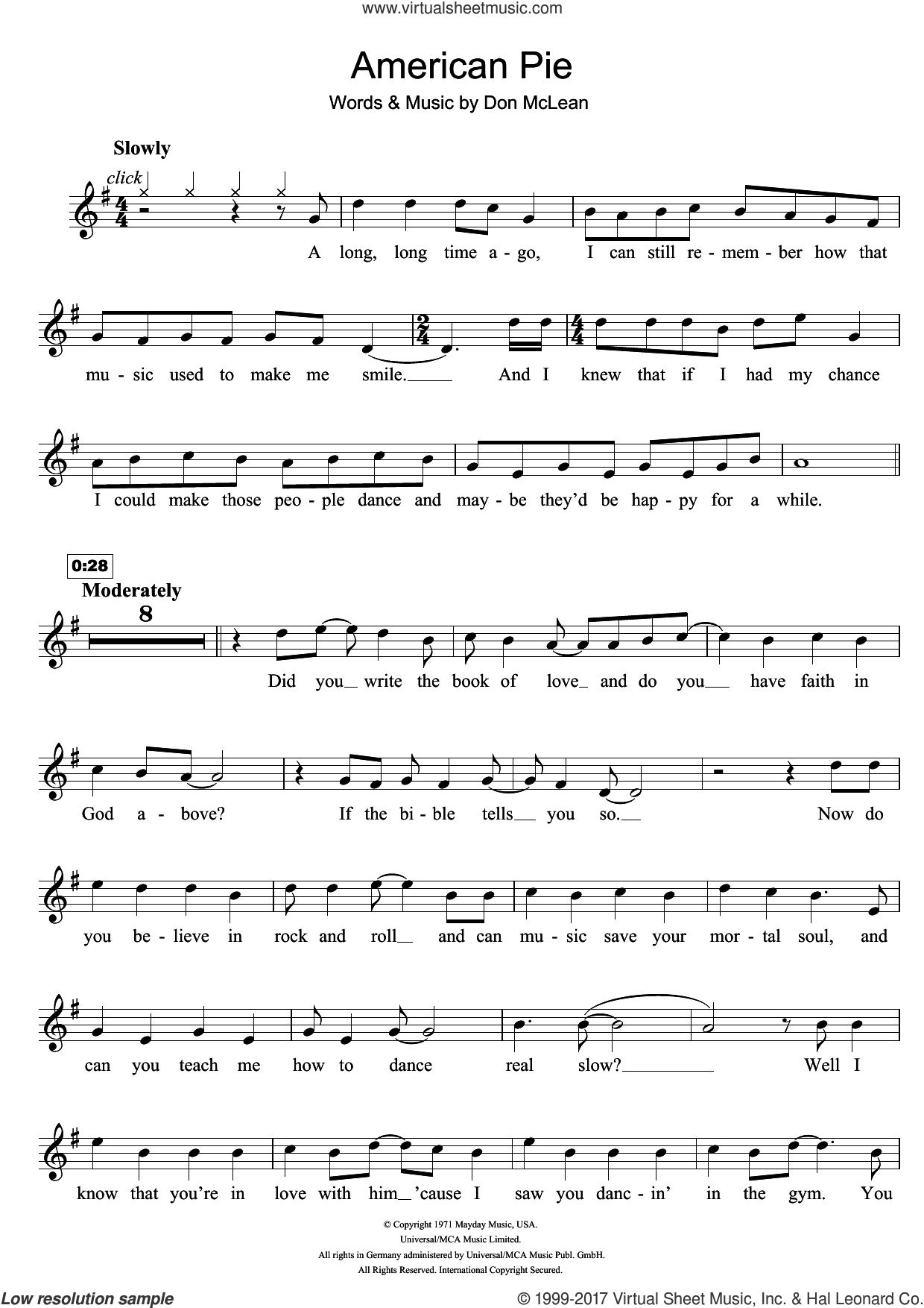 American Pie sheet music for flute solo (PDF) v2