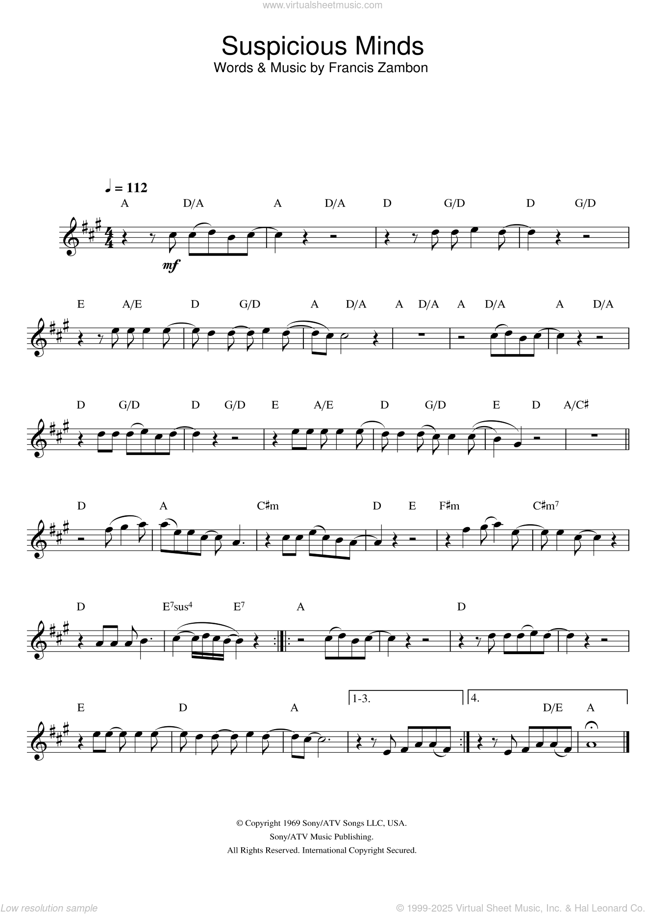 Suspicious Minds sheet music for saxophone solo (PDF)