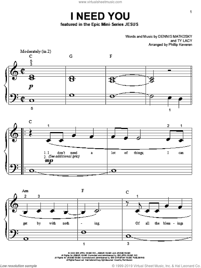 I Need You (arr. Phillip Keveren) sheet music for piano solo (big note ...