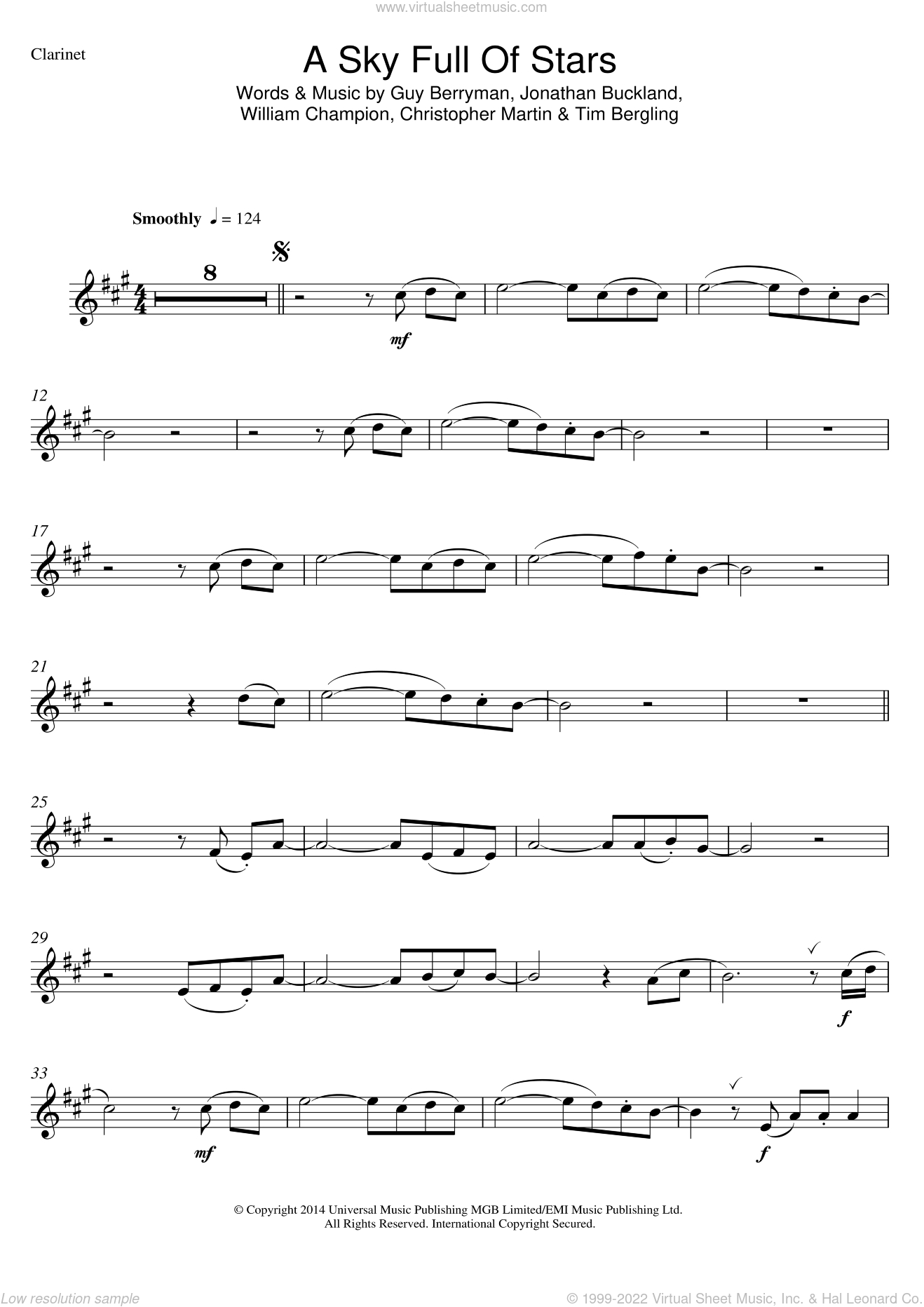 Coldplay - A Sky Full Of Stars sheet music for clarinet solo