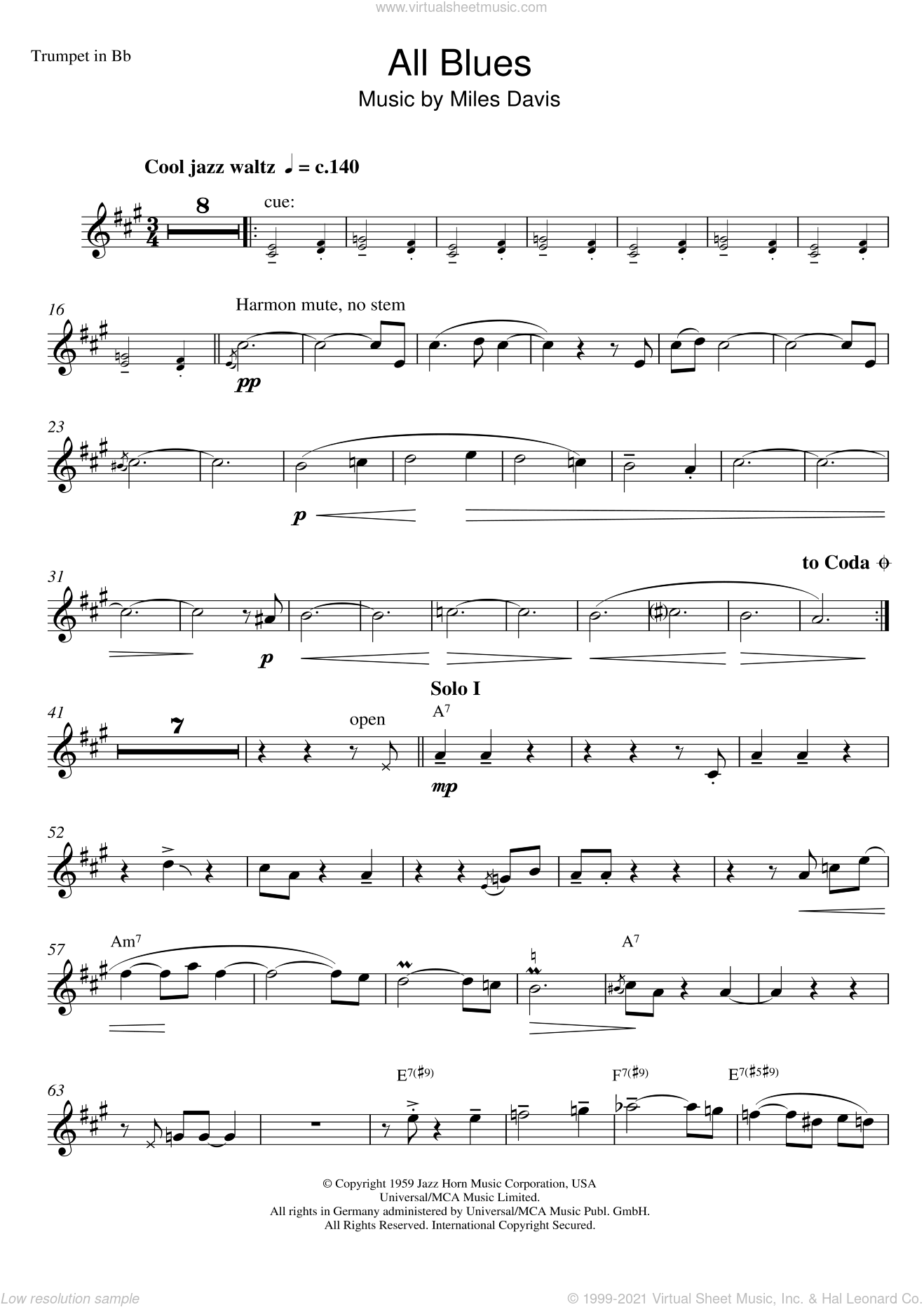 Free sheet music preview of All Blues for trumpet solo by Miles Davis.