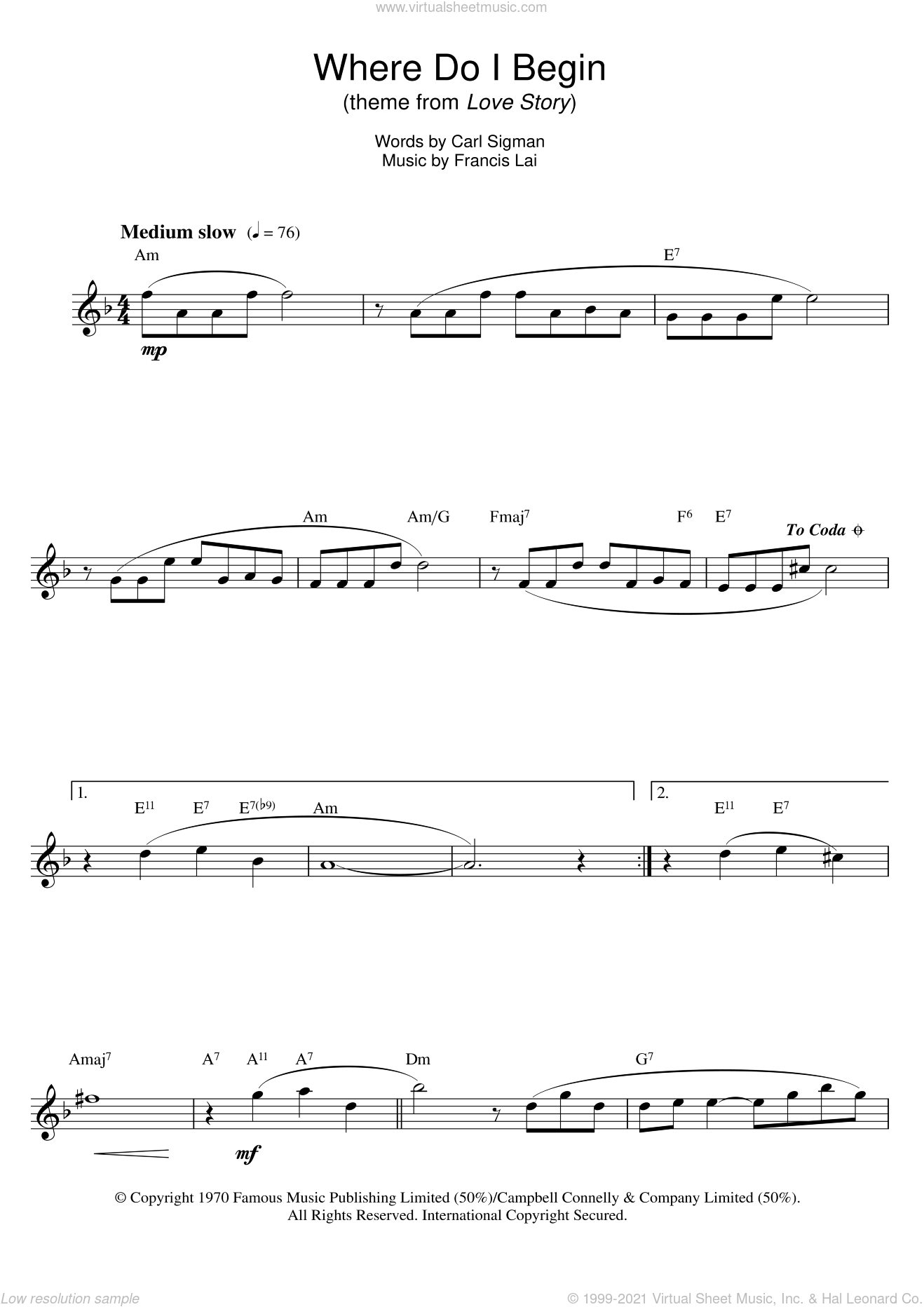 Williams - Where Do I Begin (theme from Love Story) sheet music for