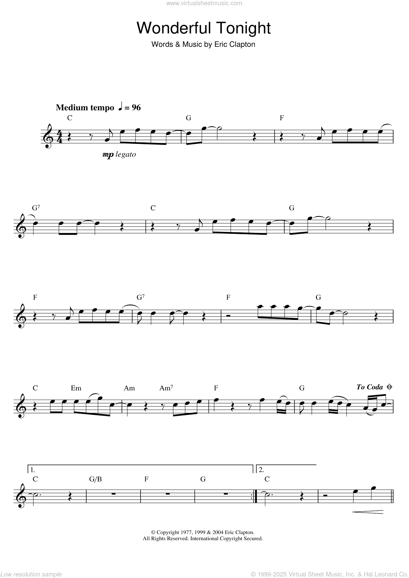 Tears In Heaven sheet music for alto saxophone solo (PDF)