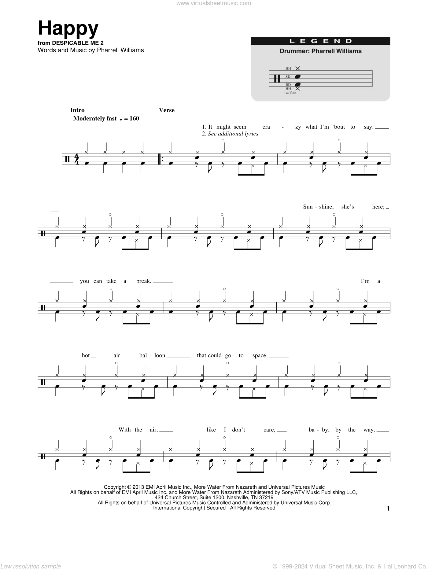 Pharrell Happy sheet music for drums