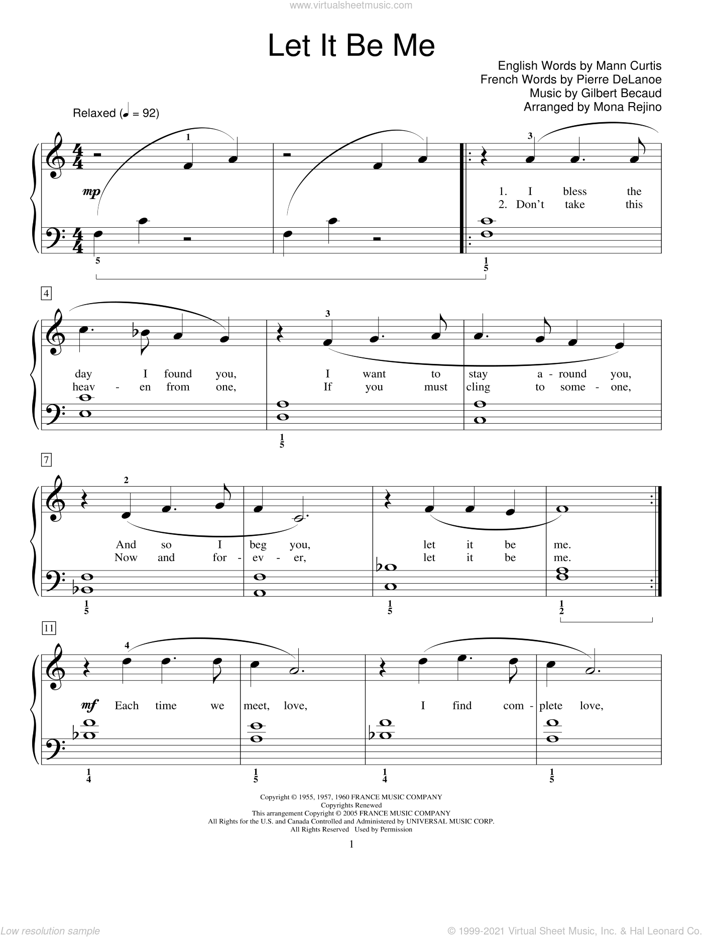 Becaud - Let It Be Me (Je T'appartiens) sheet music for piano solo ...