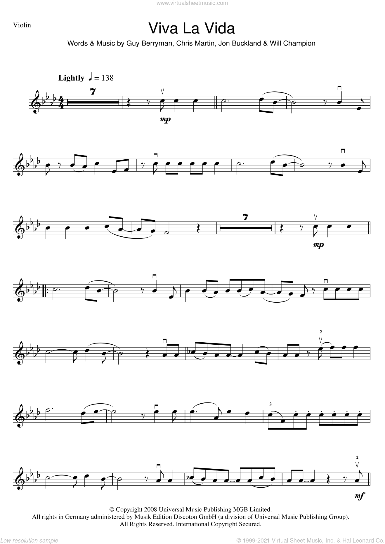 Coldplay - Viva La Vida sheet music for violin solo [PDF]