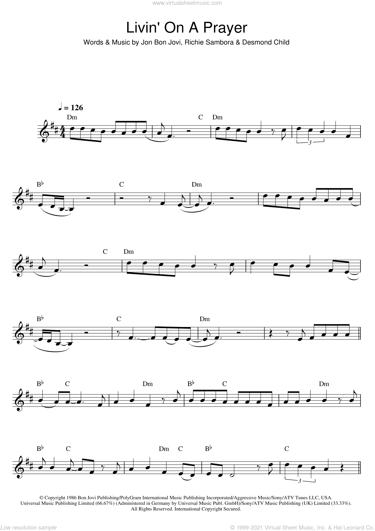 Jovi Livin On A Prayer Sheet Music For Saxophone Solo Pdf