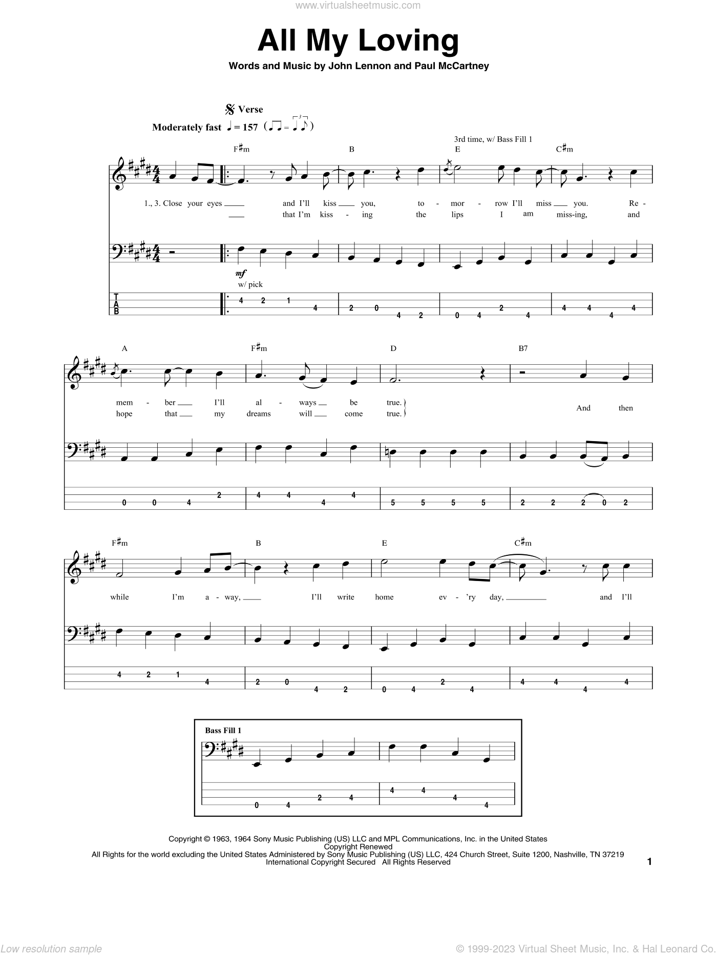 Beatles - All My Loving sheet music for bass (tablature) (bass guitar)