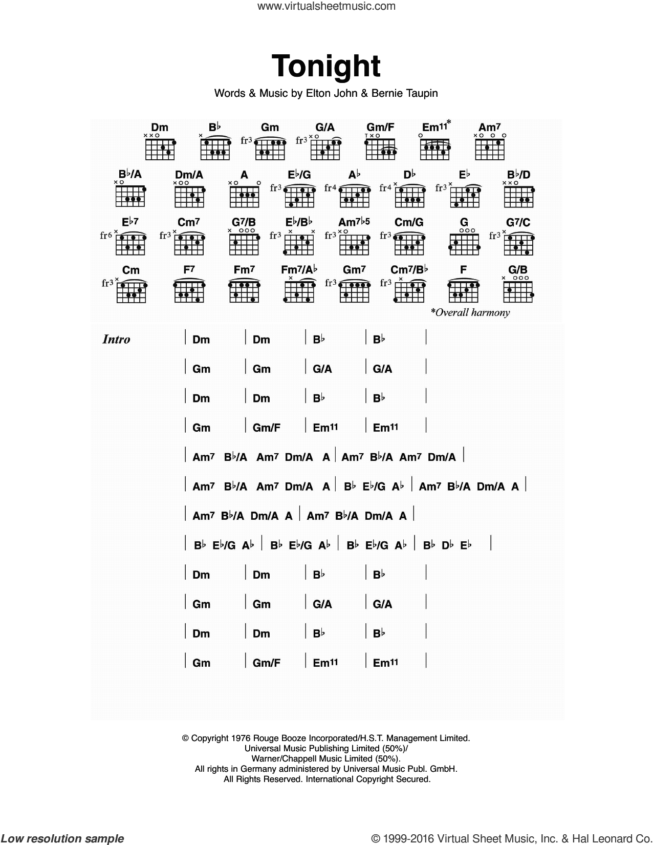 Tonight sheet music for guitar (chords) (PDF)