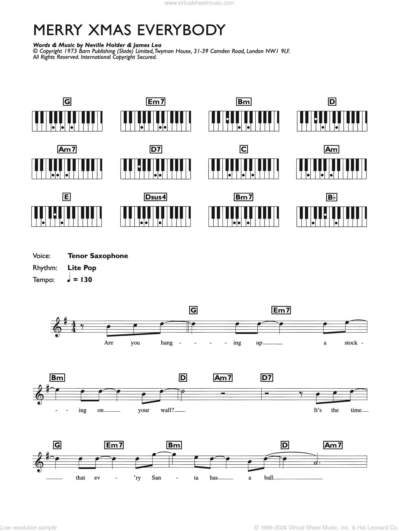 Merry Xmas Everybody sheet music for piano solo (chords, lyrics, melody)