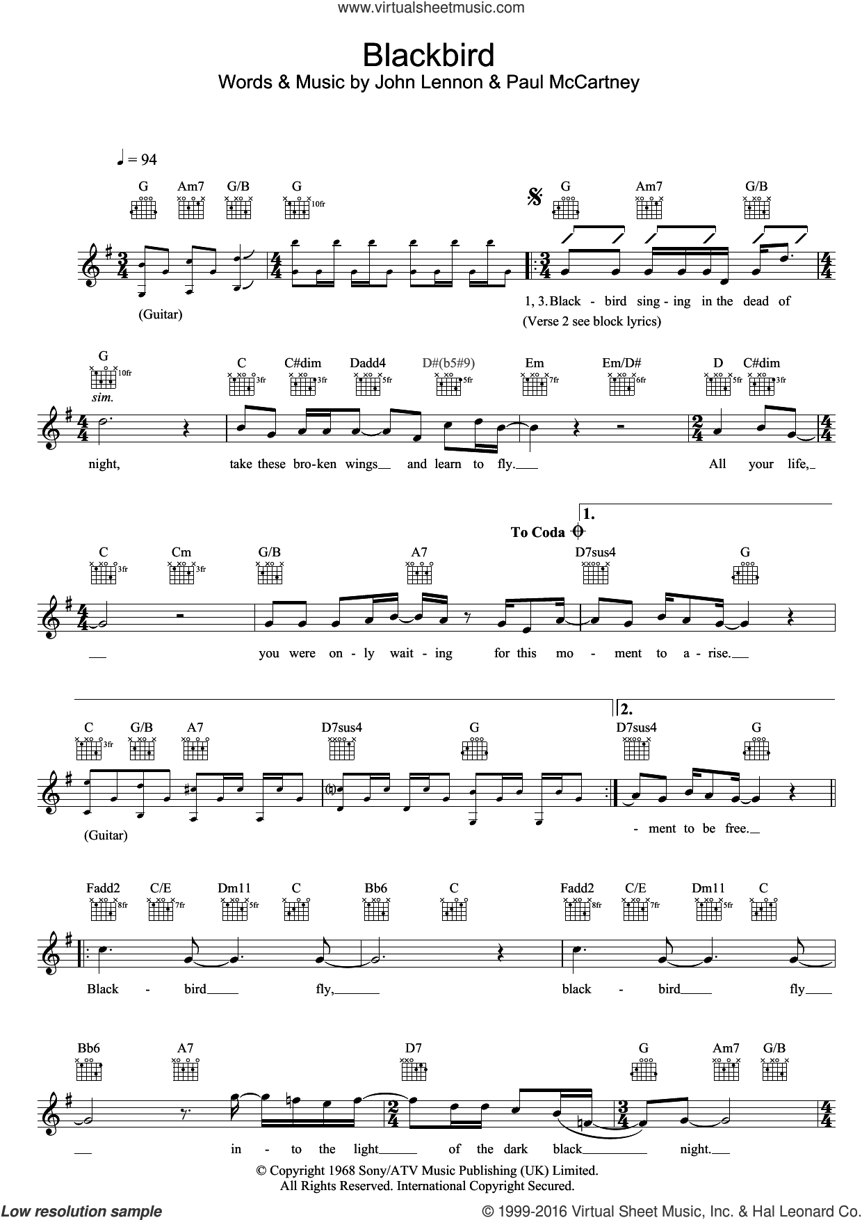 Blackbird sheet music (fake book, version 2) (fake book) (PDF)