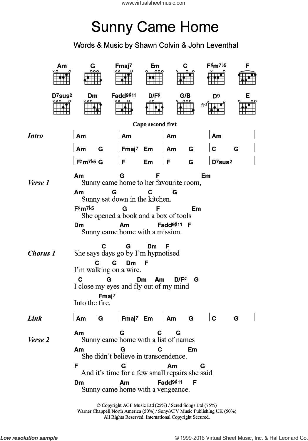 Shawn Colvin: Sunny Came Home sheet music for guitar (chords)