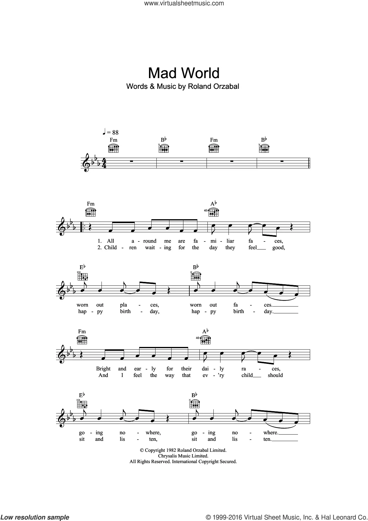 Mad World by Gary Jules Piano Sheet Music, Intermediate Level