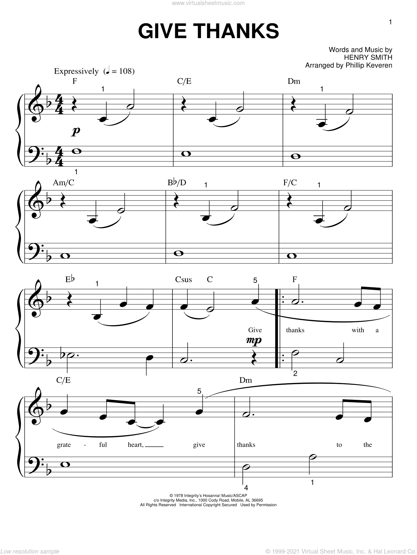 Smith - Give Thanks sheet music for piano solo (big note book)