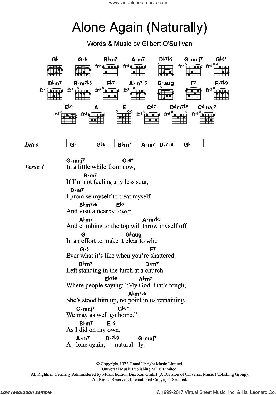 Gilbert O' Sullivan - Alone again (Naturally) Guitar Melody TAB Sheets