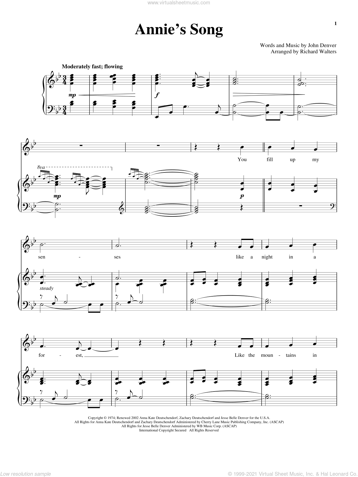 Denver - Annie's Song sheet music for voice and piano (PDF) .