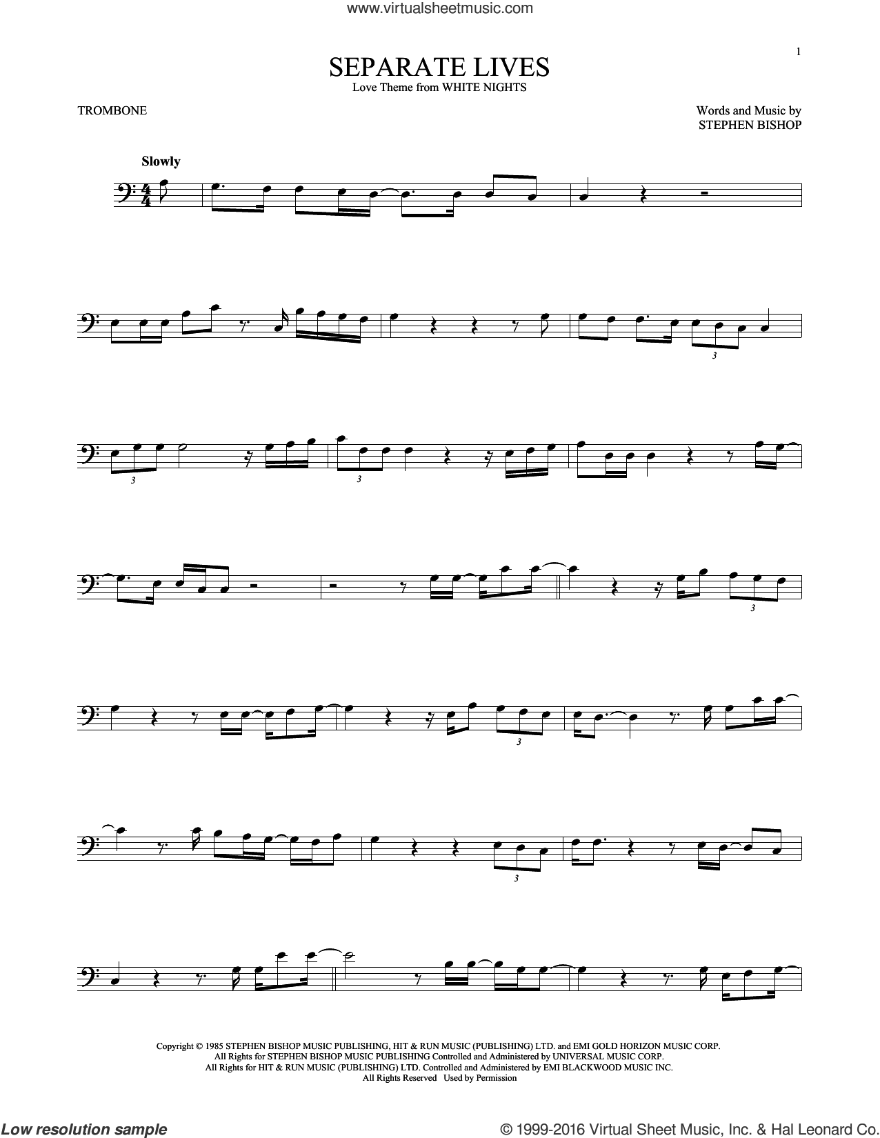 Separate Lives sheet music for trombone solo (PDF-interactive)