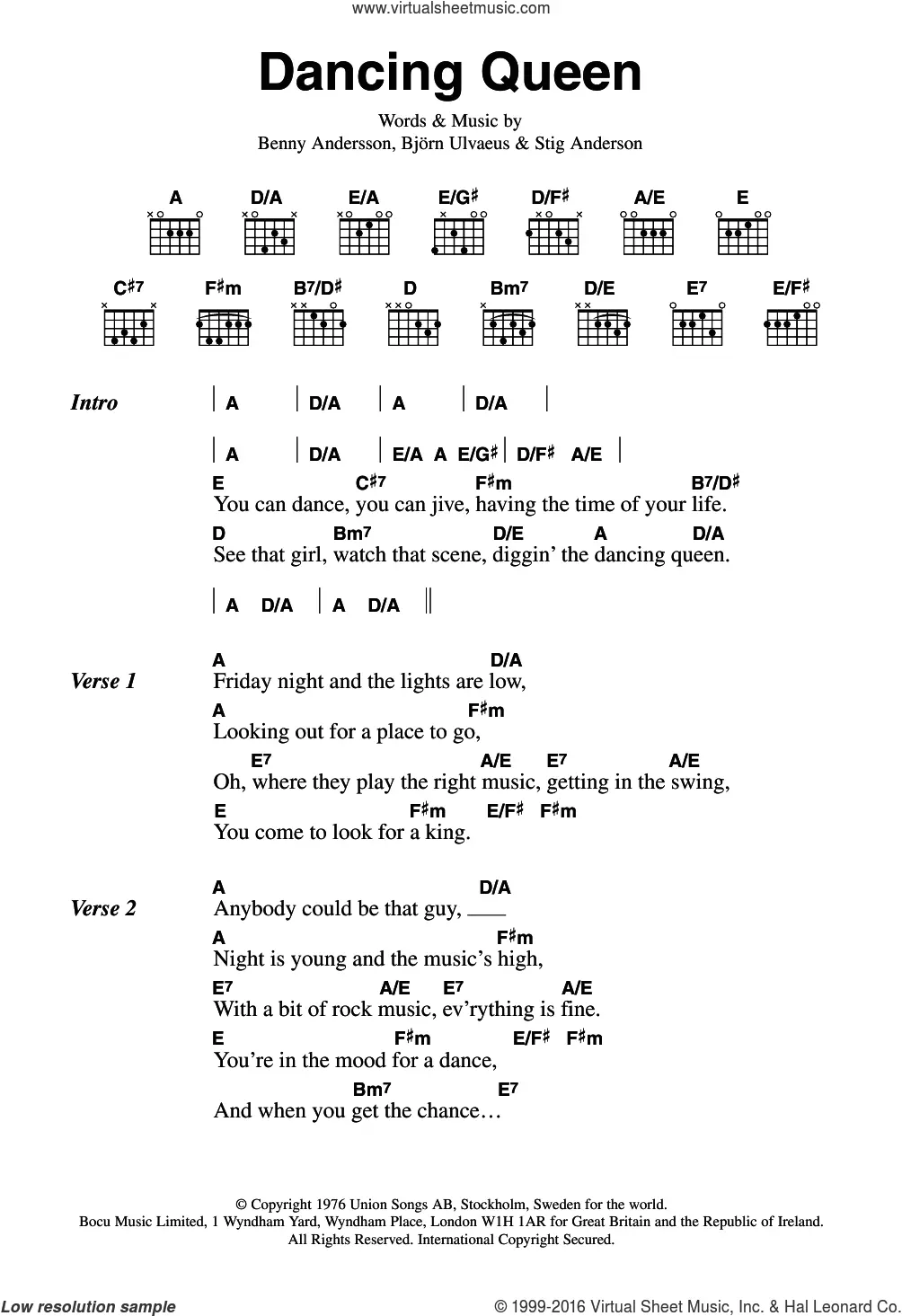 Dancing queen chords piano