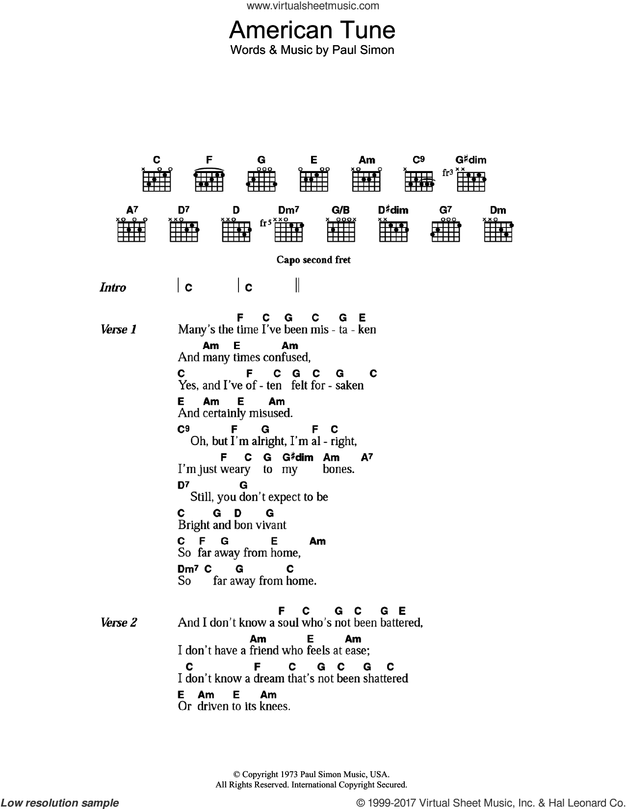 American Tune sheet music for guitar (chords) (PDF)