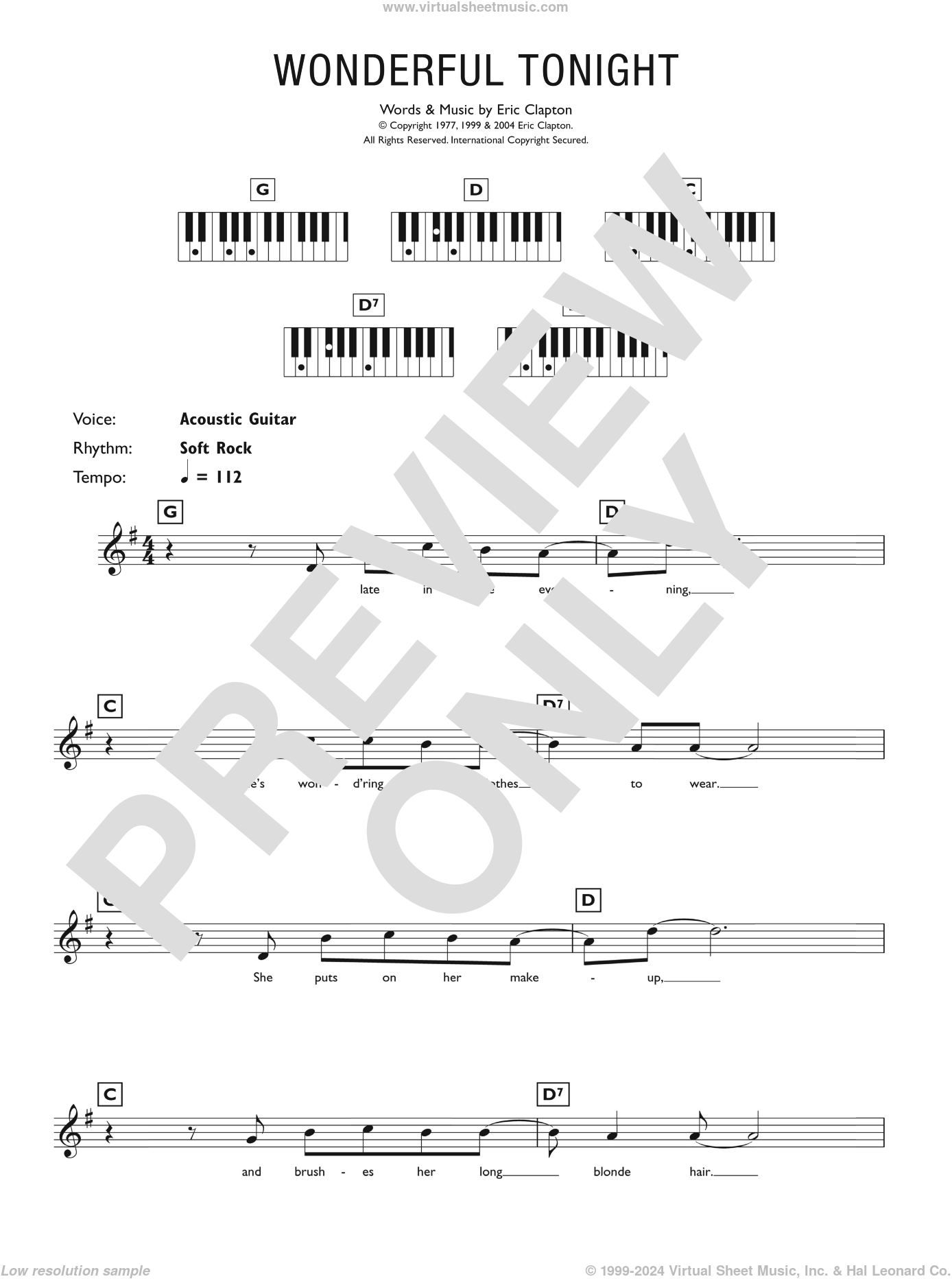 Clapton - Wonderful Tonight sheet music (intermediate) for piano solo (chords, lyrics, melody)
