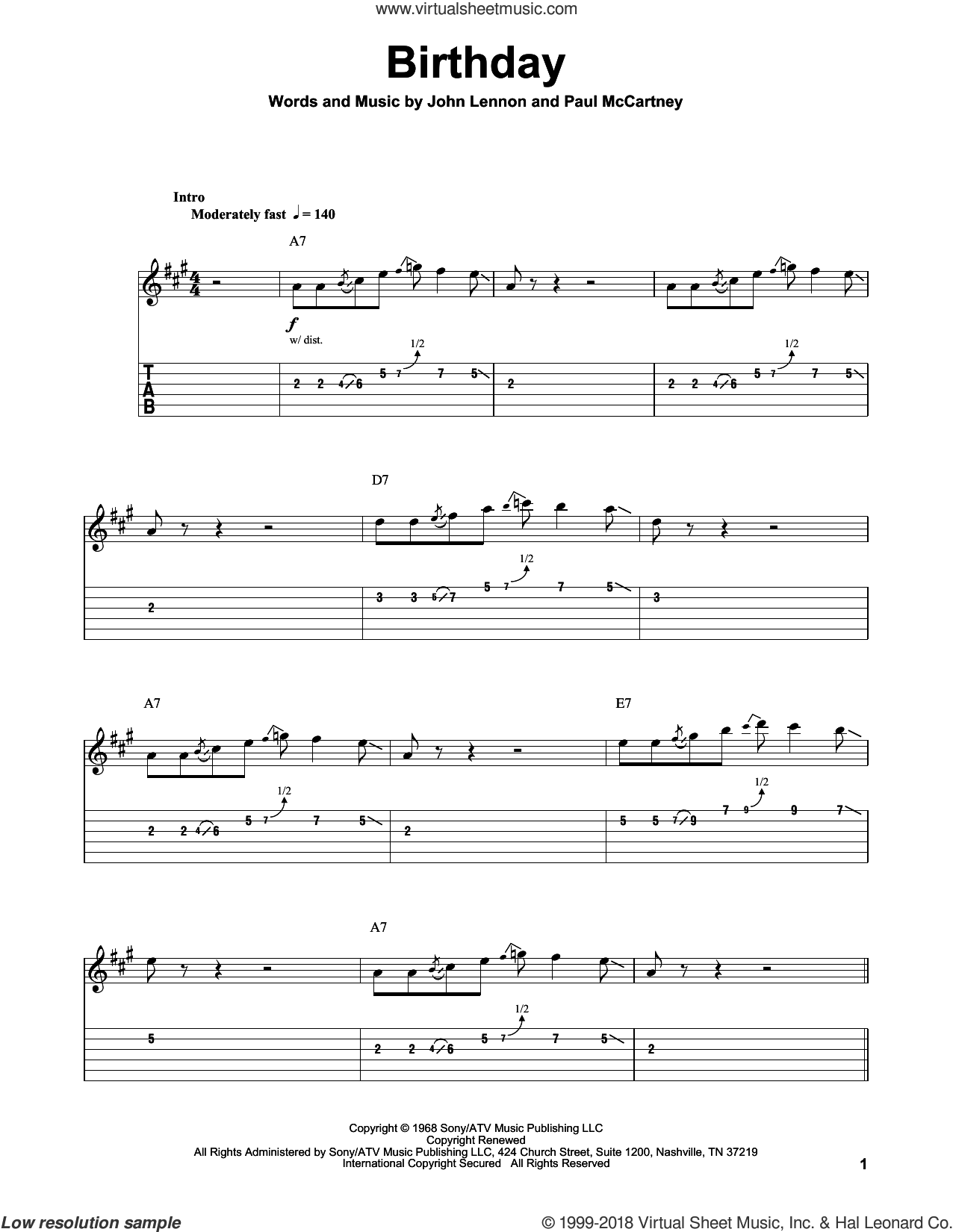 Beatles - Birthday Sheet Music For Guitar (Tablature, Play-Along)