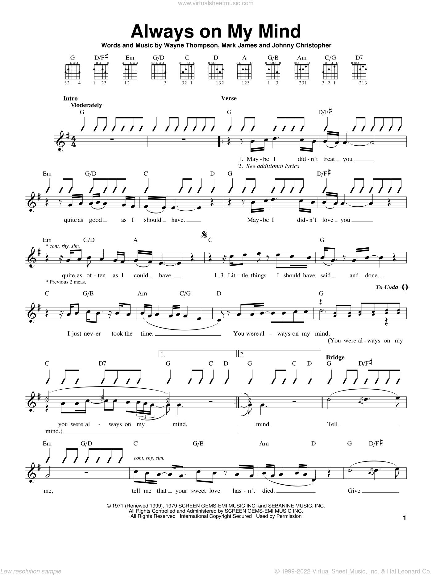 Presley - Always On My Mind sheet music for guitar solo (chords)
