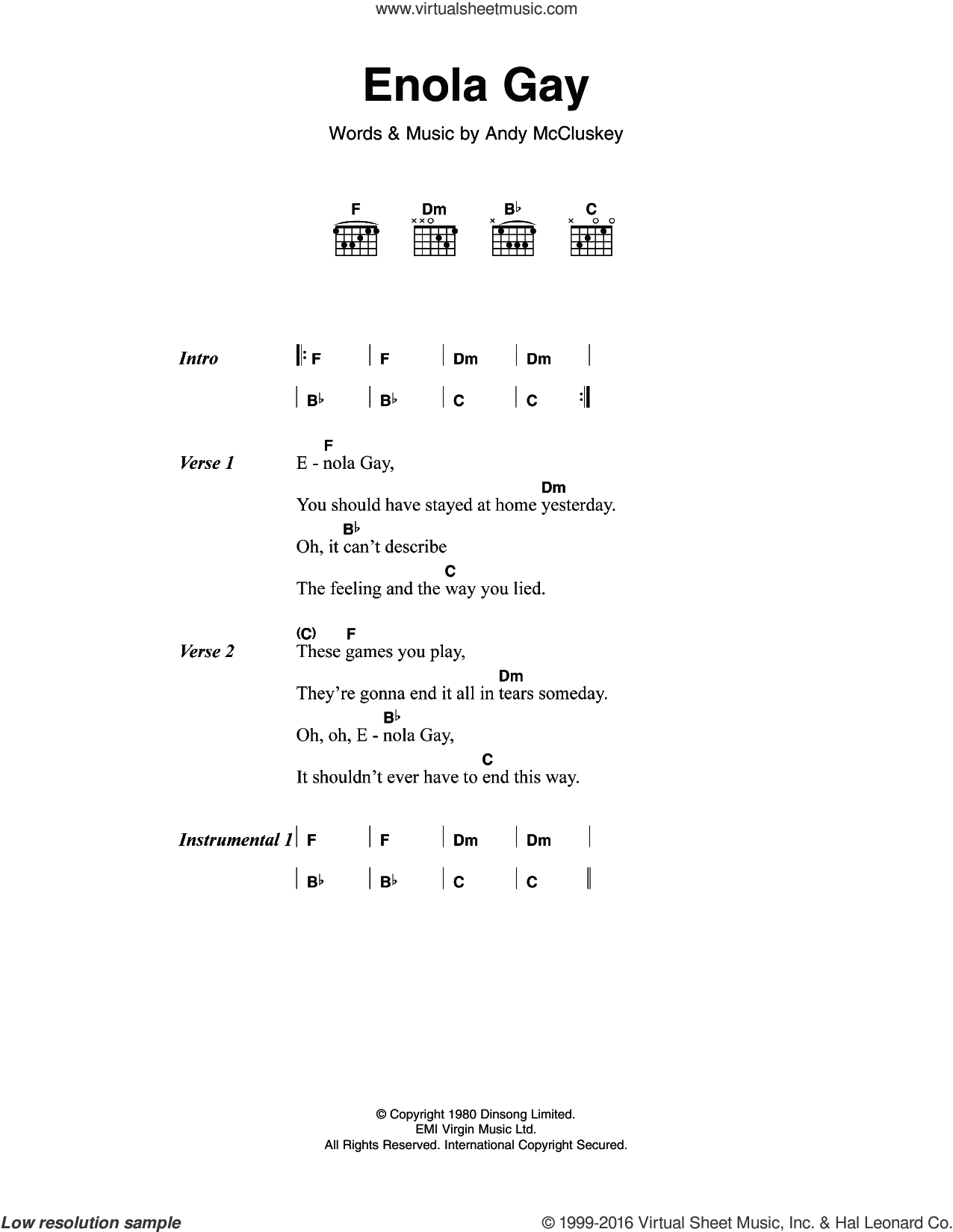Enola Gay sheet music for guitar (chords) (PDF)