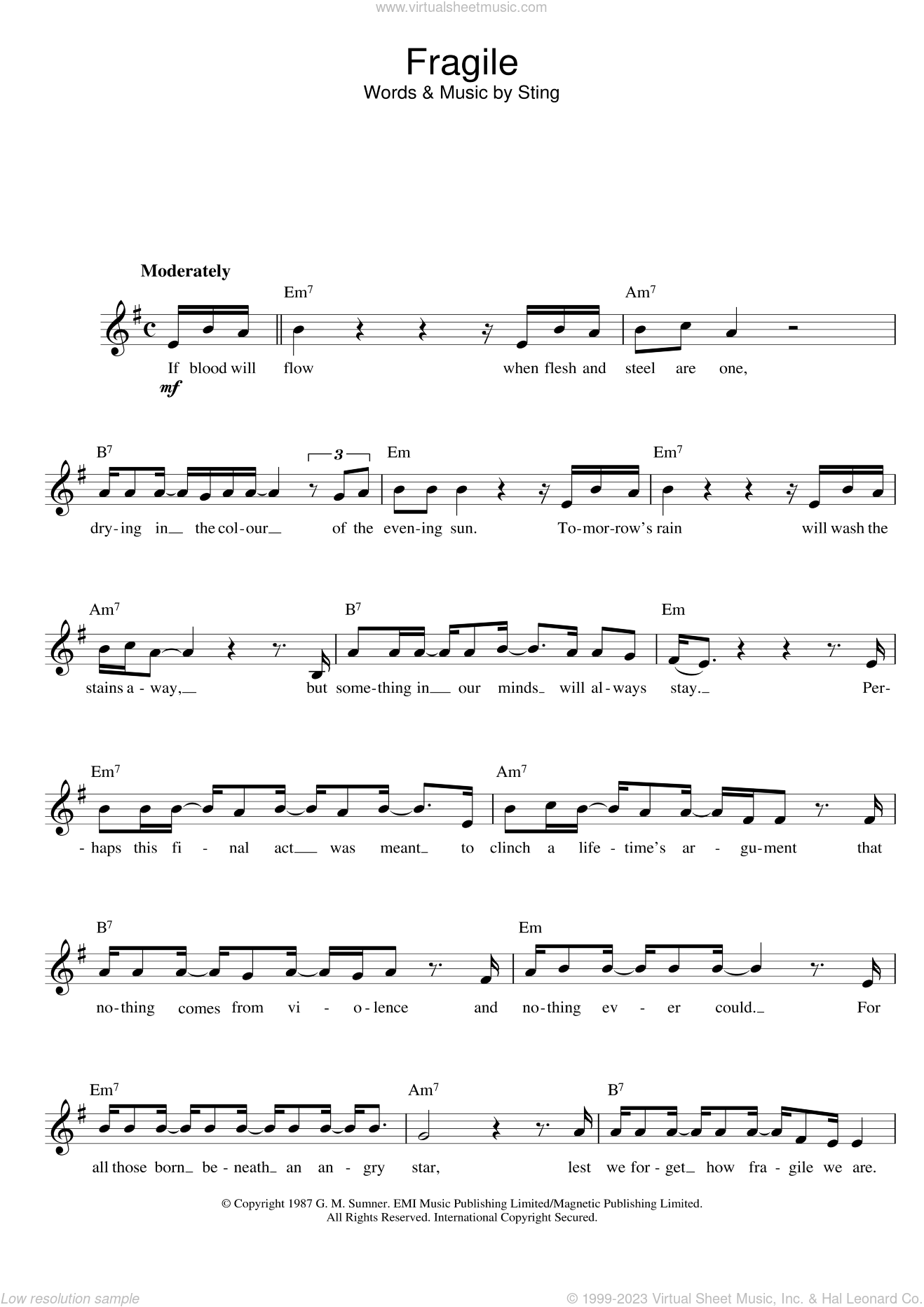 Fragile sheet music for voice and other instruments (fake book)