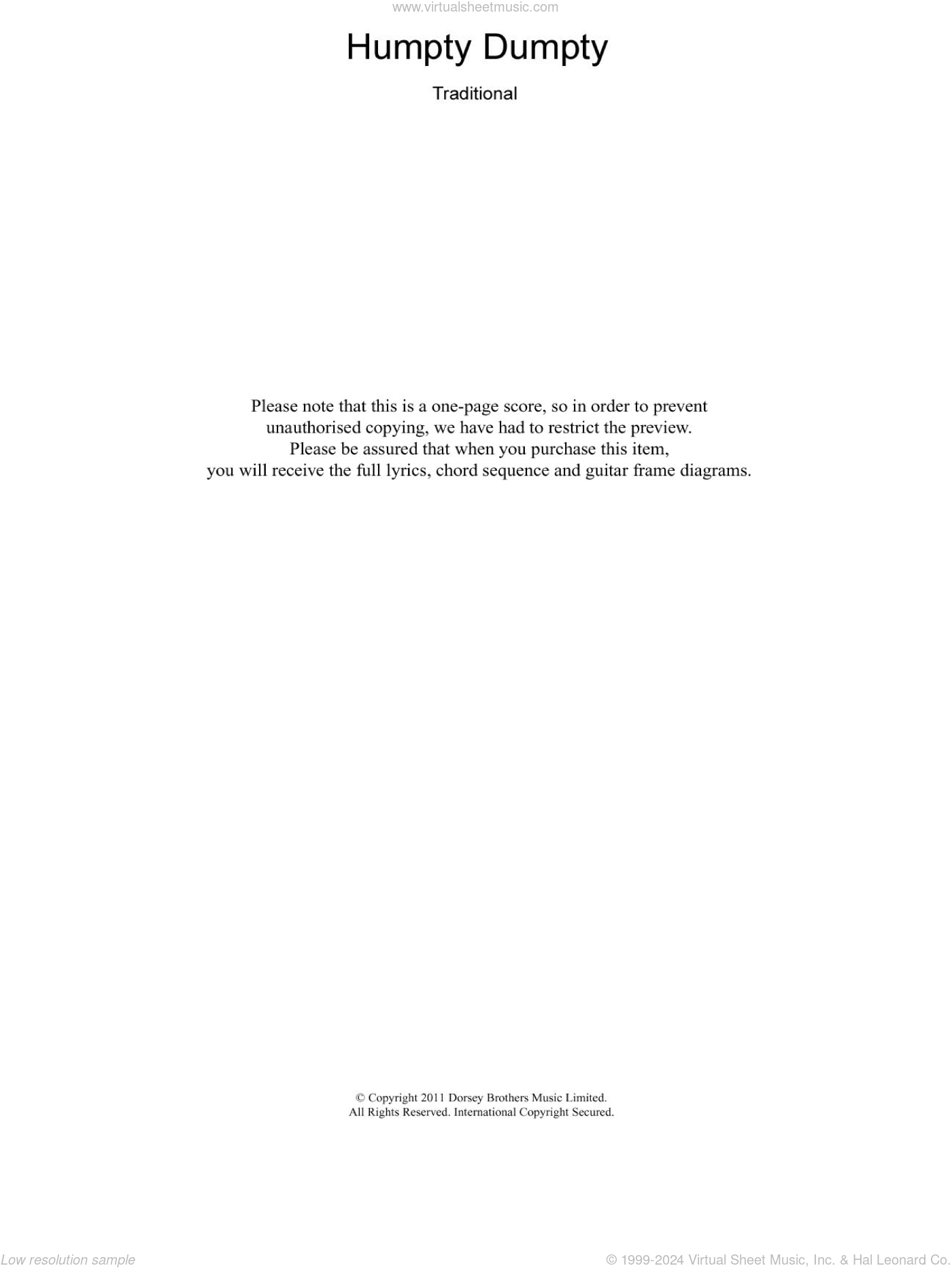 Traditional Nursery Rhyme: Humpty Dumpty sheet music for piano solo ...