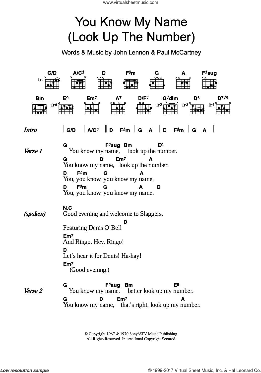 You Know My Name (Look Up The Number) sheet music for guitar (chords) v2