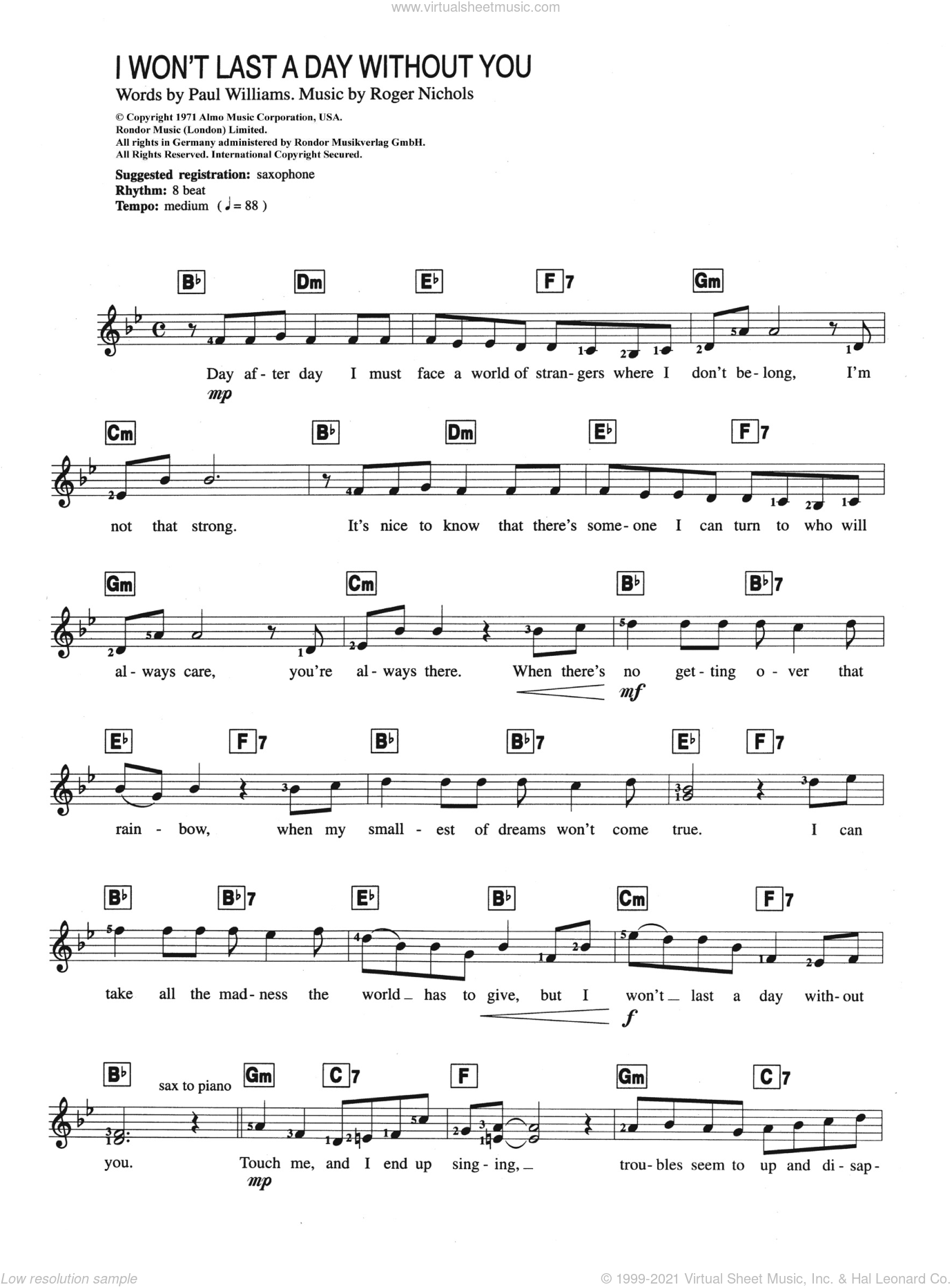 Carpenters I Won T Last A Day Without You Sheet Music For Piano Solo Chords Lyrics Melody V2