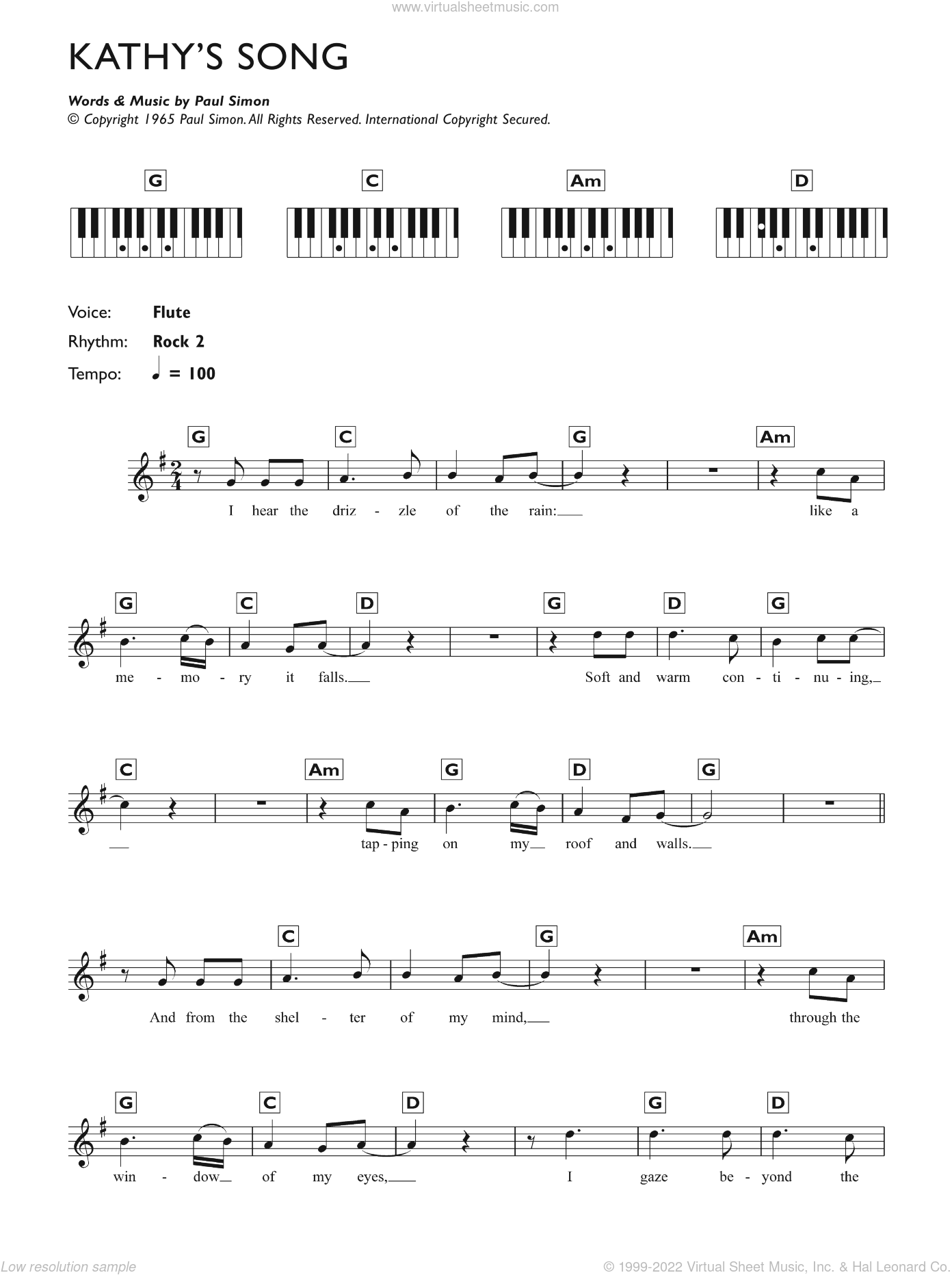 Garfunkel Kathy's Song sheet music for piano solo (chords, lyrics, melody)