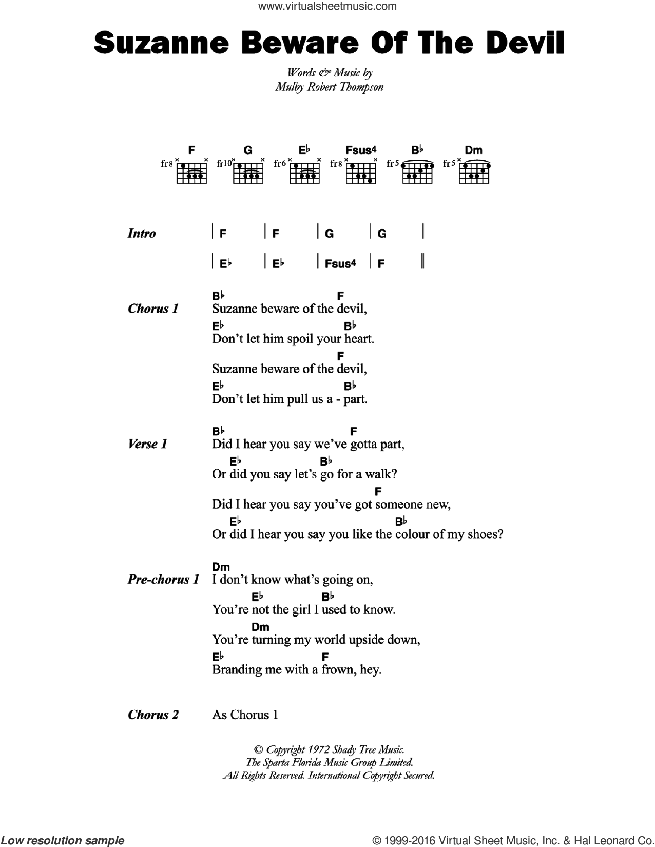 Suzanne Beware Of The Devil sheet music for guitar (chords) v2