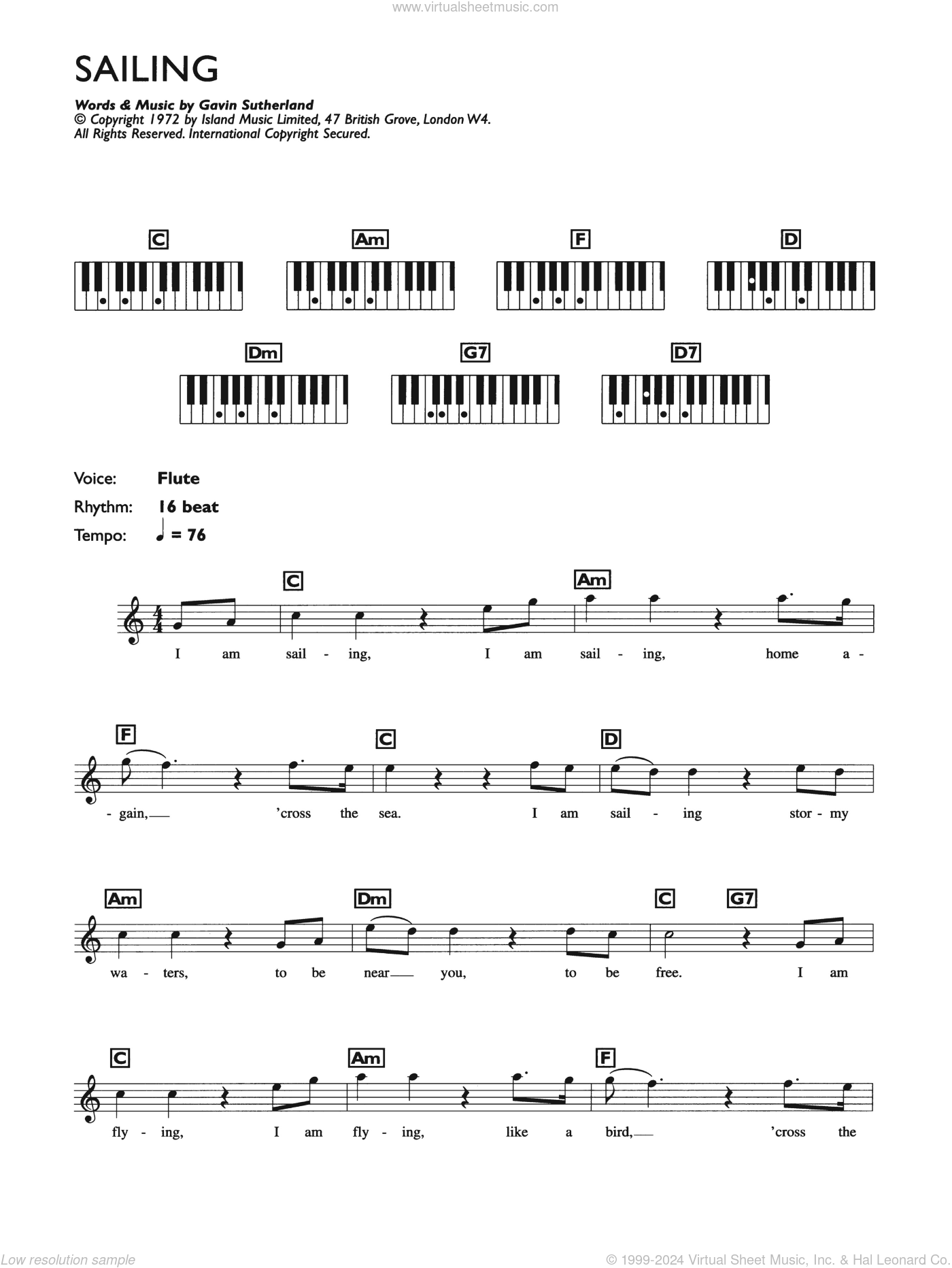 Sailing sheet music for piano solo (chords, lyrics, melody) (PDF)