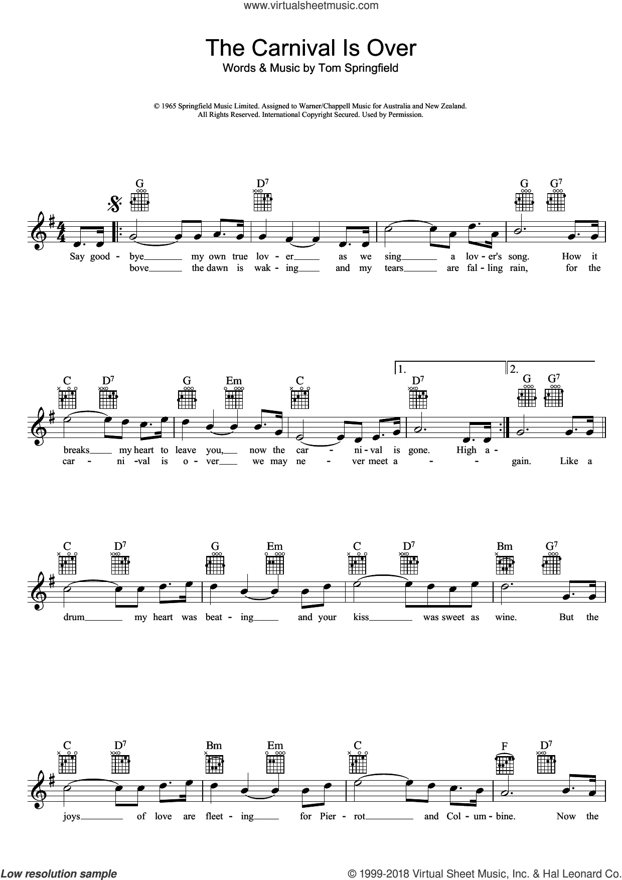 Seekers - The Carnival Is Over sheet music (fake book) PDF