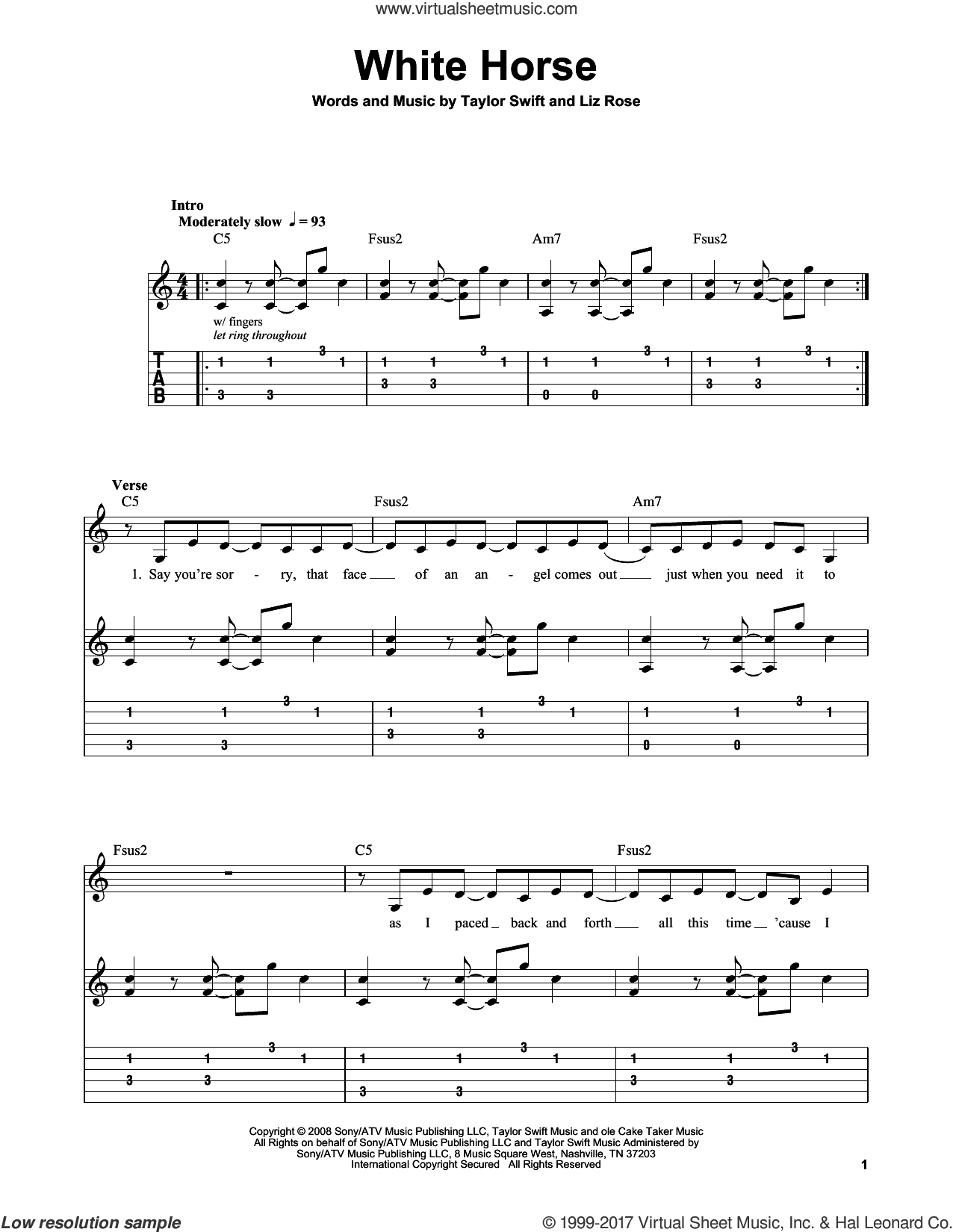 Swift White Horse Sheet Music For Guitar Solo Easy Tablature