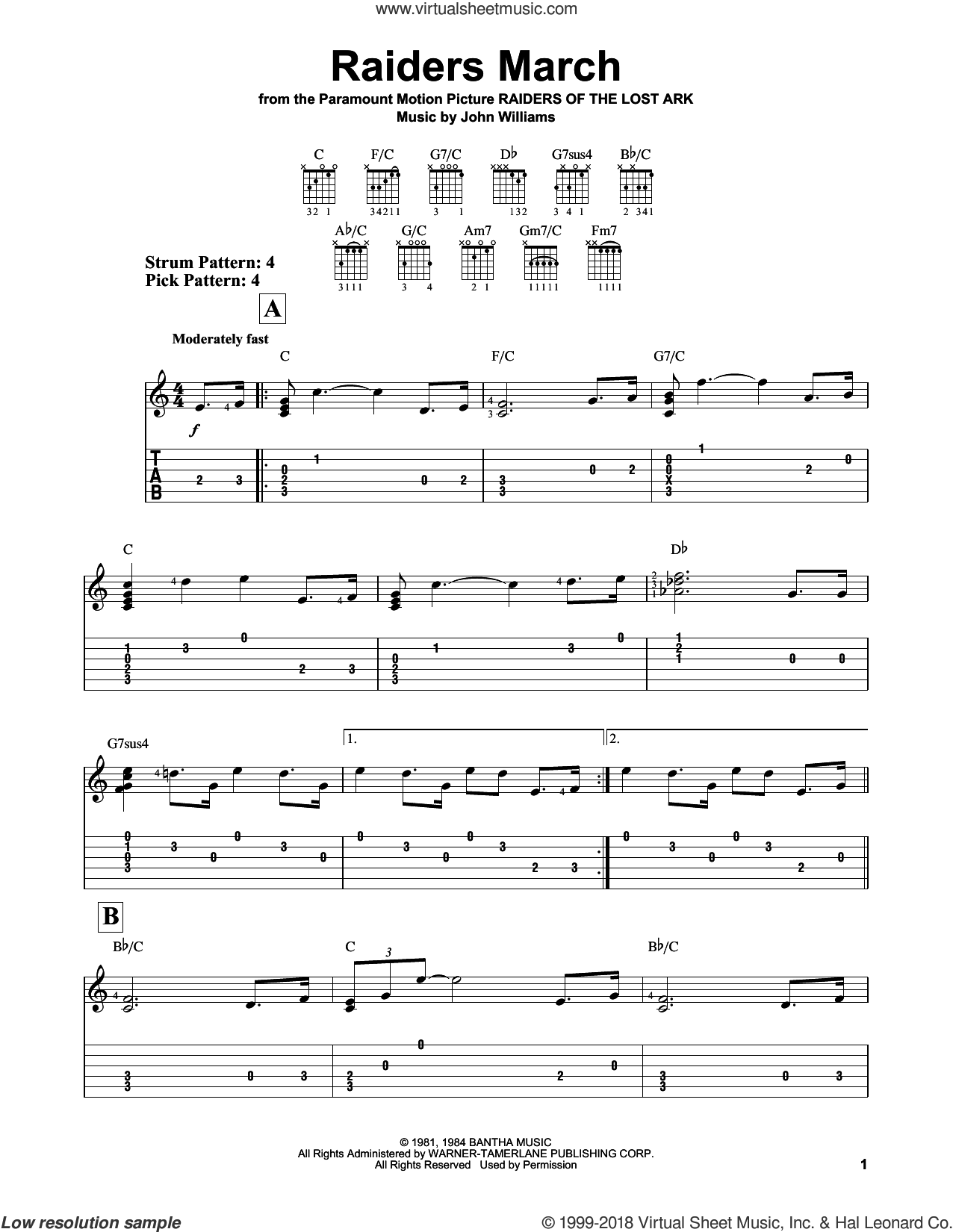 Raiders March sheet music (easy) for guitar solo (easy tablature)